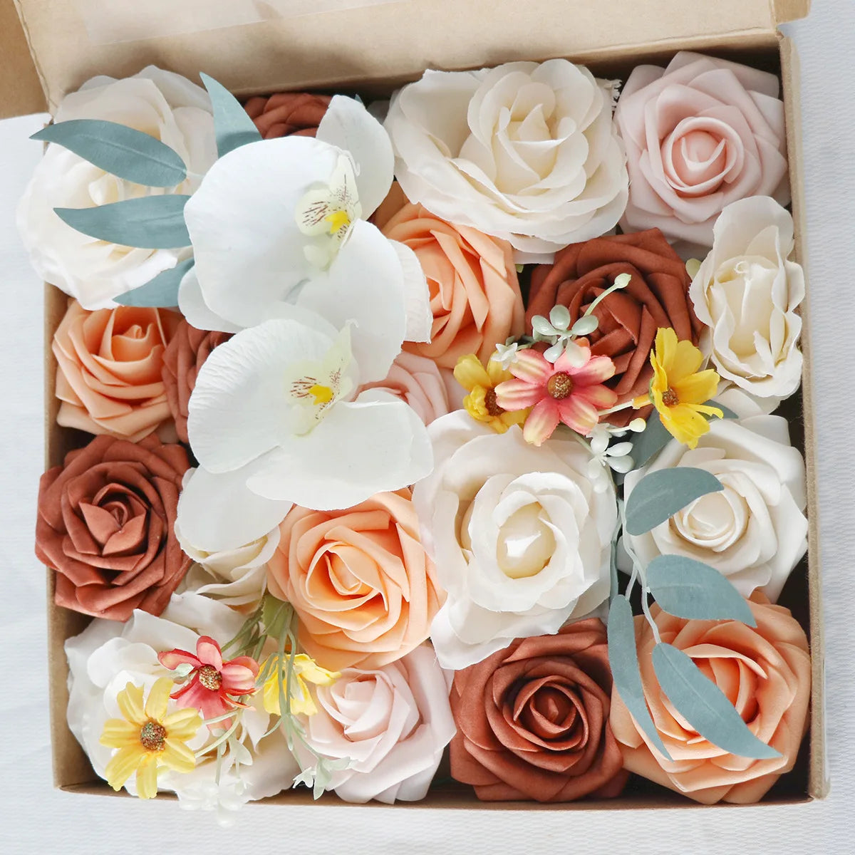 Yannew Burnt Orange Artificial Roses Combo Box - 24pcs Real Touch Silk Flowers for DIY Fall Wedding Bouquets, Boho Home Decor, Table Centerpieces & Seasonal Arrangements