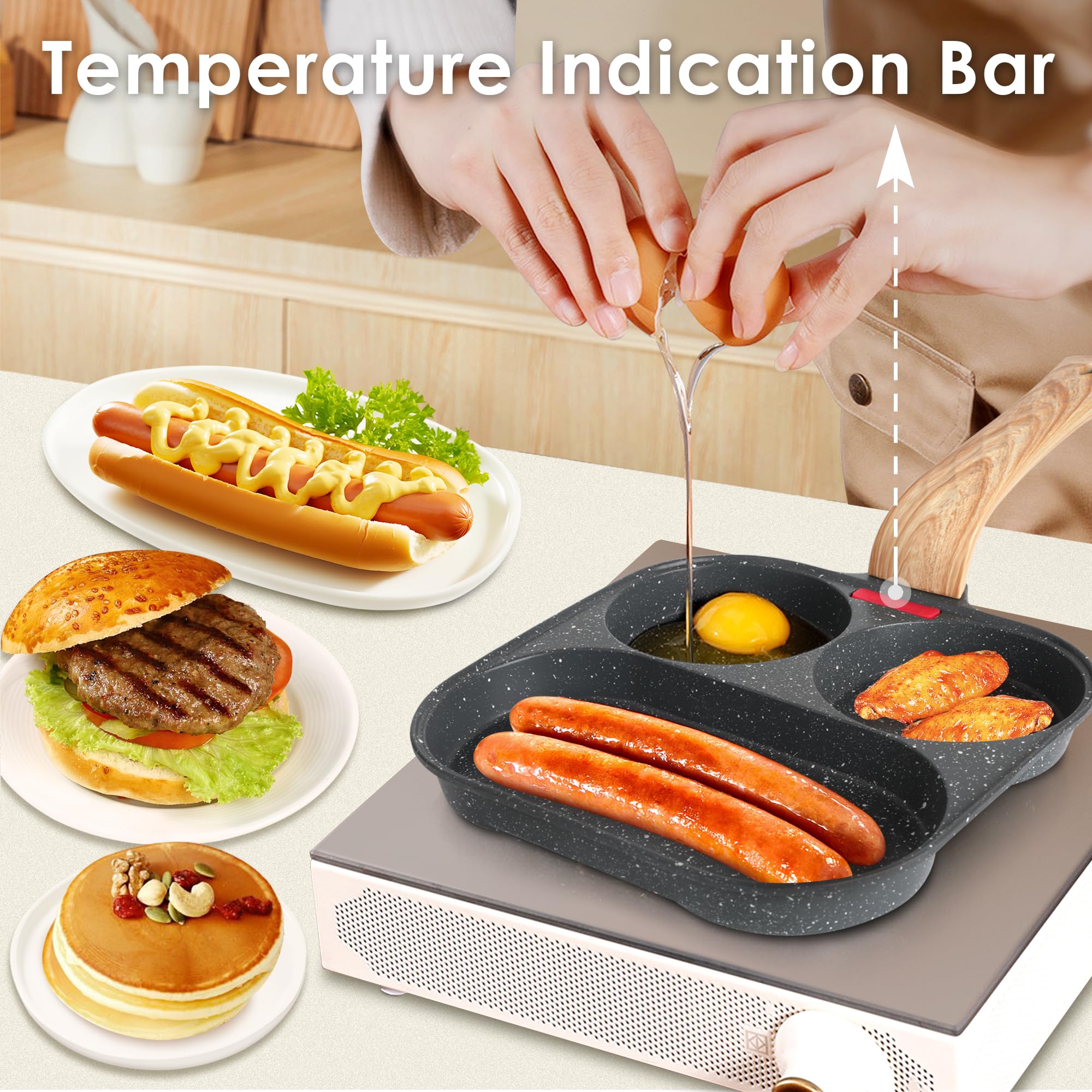 Non-Stick 3-Hole Aluminum Frying Pan with Lid - Multi-Functional Skillet for Pancakes, Omelets, Eggs, Hamburgers & Breakfast - Compatible with Gas & Induction Stoves - Includes Spatula, Brush & Clip - Perfect for Home Cooking, Camping & Quick Meals
