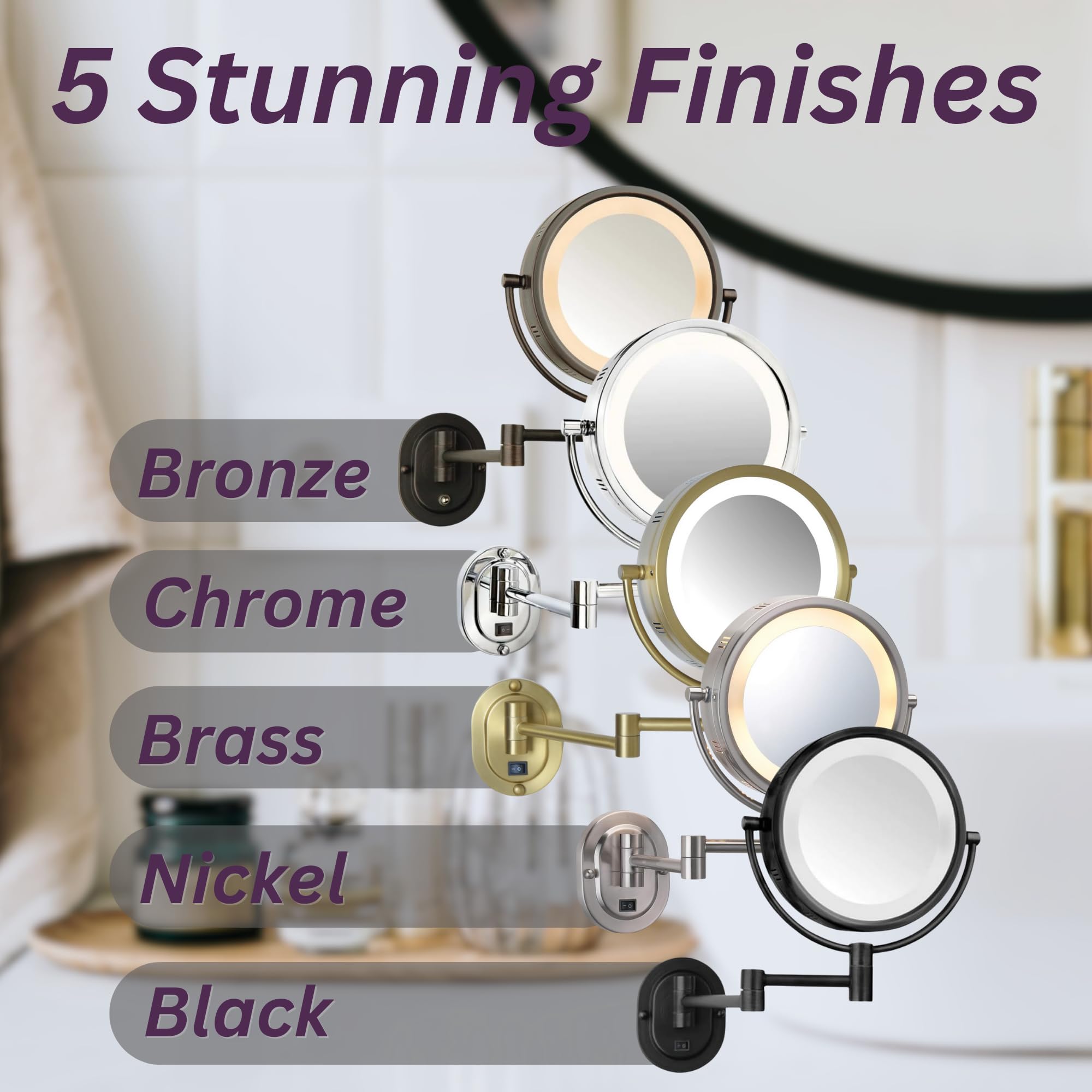 JERDON Wall-Mounted Chrome LED Makeup Mirror with 5X-1X Magnification & 14