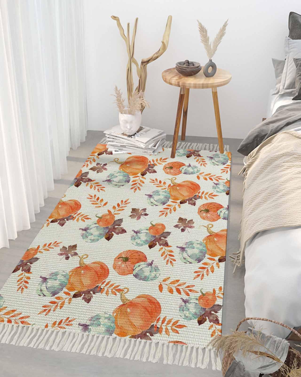 3x5ft Fall Orange Pumpkin Maple Leaf Harvest Runner Rug - Washable Woven Hallway Carpet with Tassels for Entryway, Kitchen & Laundry | Perfect for Autumn Decor, Farmhouse Style & Seasonal Home Accents