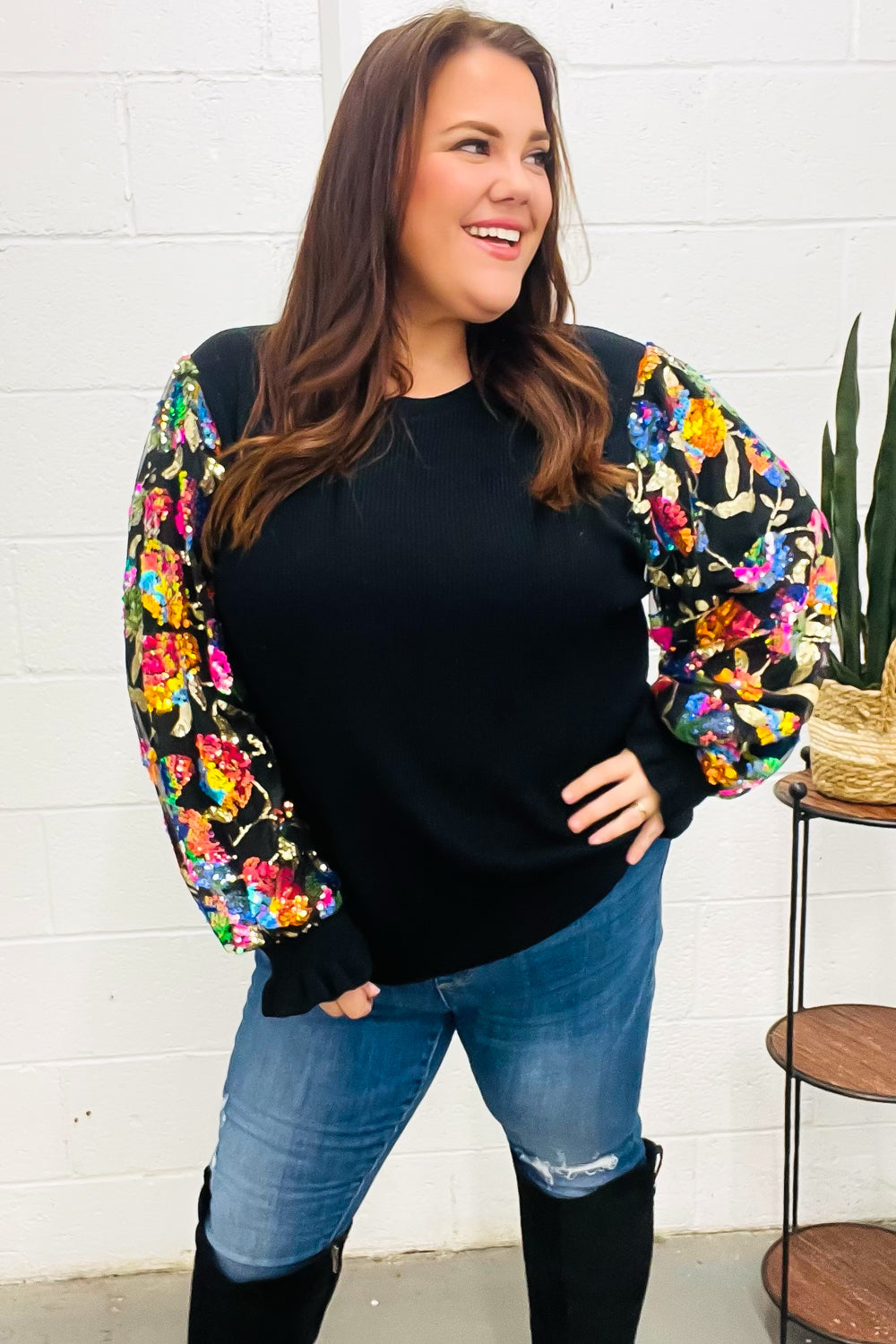 Diva Dreams Black Floral Sequin Mesh Sleeve Rib Knit Top for Women | Elegant Party Blouse | Perfect for Night Out, Date Night & Special Occasions
