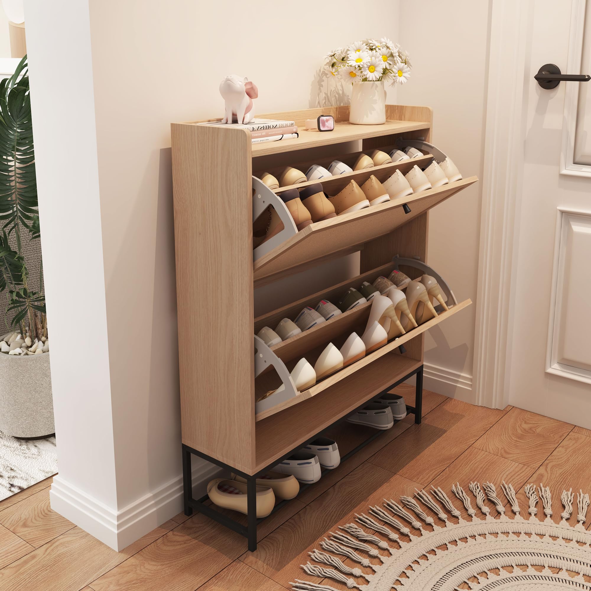 AVZEAR Freestanding Shoe Cabinet with 2 Flip Drawers - Modern Narrow Shoe Organizer for Hallway, Entryway & Closet (Natural) - Space Saving Storage Solution for Small Apartments & Tight Spaces