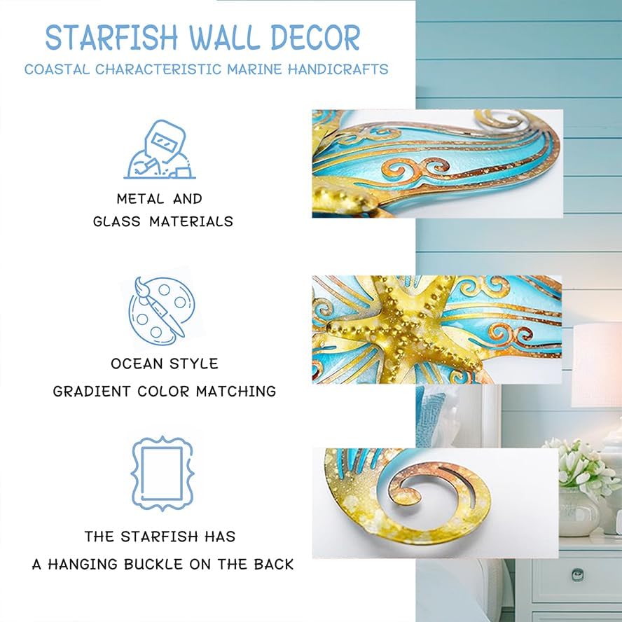 12 Inch Blue Metal Starfish Wall Decor - Coastal & Nautical Ocean-Themed Home Decor for Beach House, Garden, Fence, Patio, Kitchen & Bathroom - Perfect for Coastal Living & Seaside Decorations