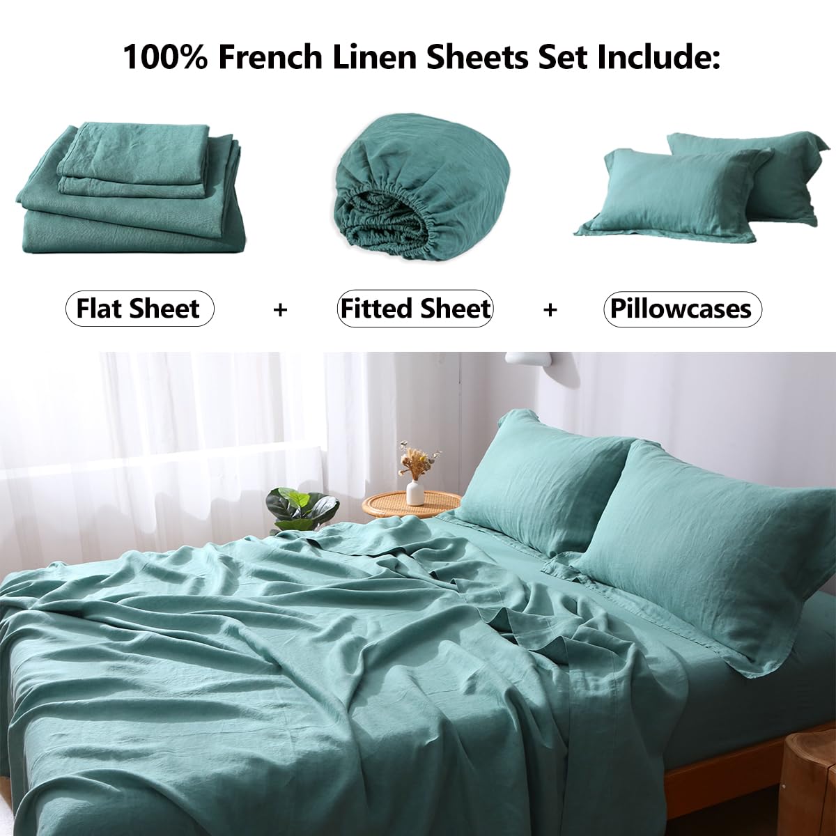 100% French Natural Linen Bedding Set - Stone Washed 4-Piece Sheet Set with Flange Pillowcases | Breathable, Durable & Hypoallergenic | Perfect for Master Bedroom, Guest Room & Vacation Homes (Full/Queen Size, Light Seagreen)