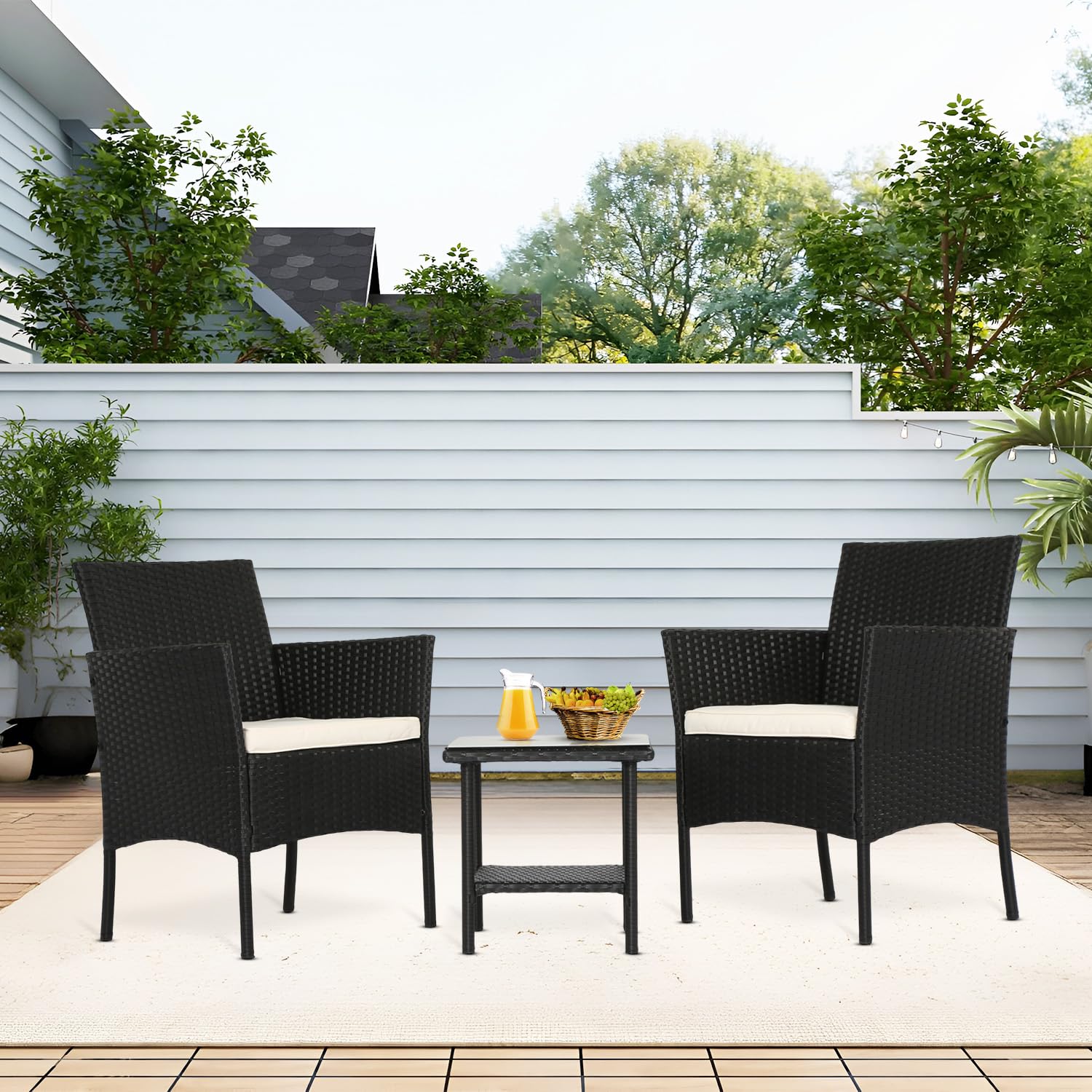 Outdoor Wicker Bistro Set with Coffee Table - Rattan Patio Furniture for Backyard, Porch, Poolside, Balcony & Garden - Black Conversation Seating for Relaxing & Entertaining