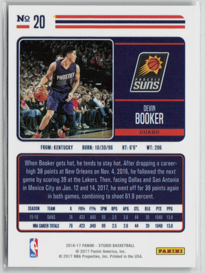 2016-17 Panini Studio Devin Booker Basketball Card #20/15 - Rare NBA Collectible for Sports Memorabilia Fans & Card Collectors - Perfect for Display, Trading, and Investment