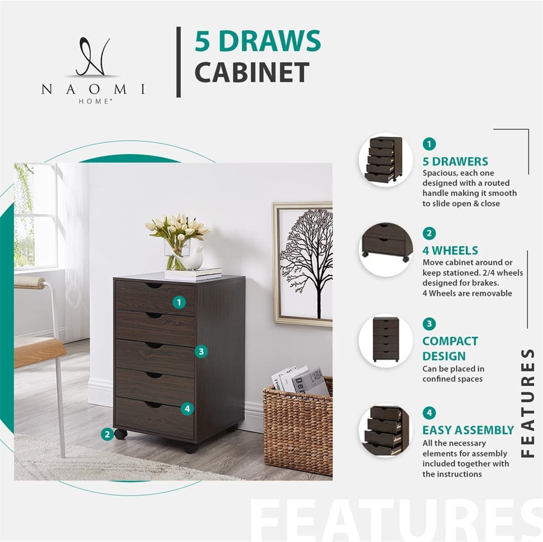 Naomi Home 5-Drawer Dresser for Bedroom - Modern Tall Chest with Wheels, Storage Shelves & 180 lbs Capacity - Gray Oak - Perfect for Closet Organization, Makeup Vanity & Small Space Storage