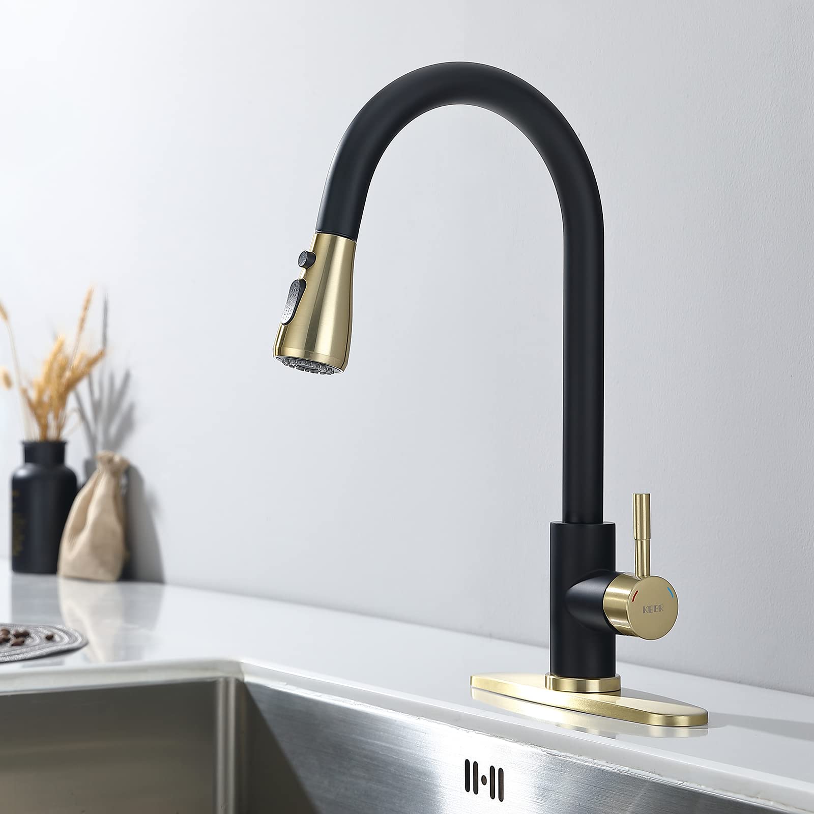 Black & Polished Chrome Pull-Down Sprayer Kitchen Faucet with Soap Dispenser - Single Handle High Arc Stainless Steel Sink Faucet for Modern Kitchens & Bar Sinks