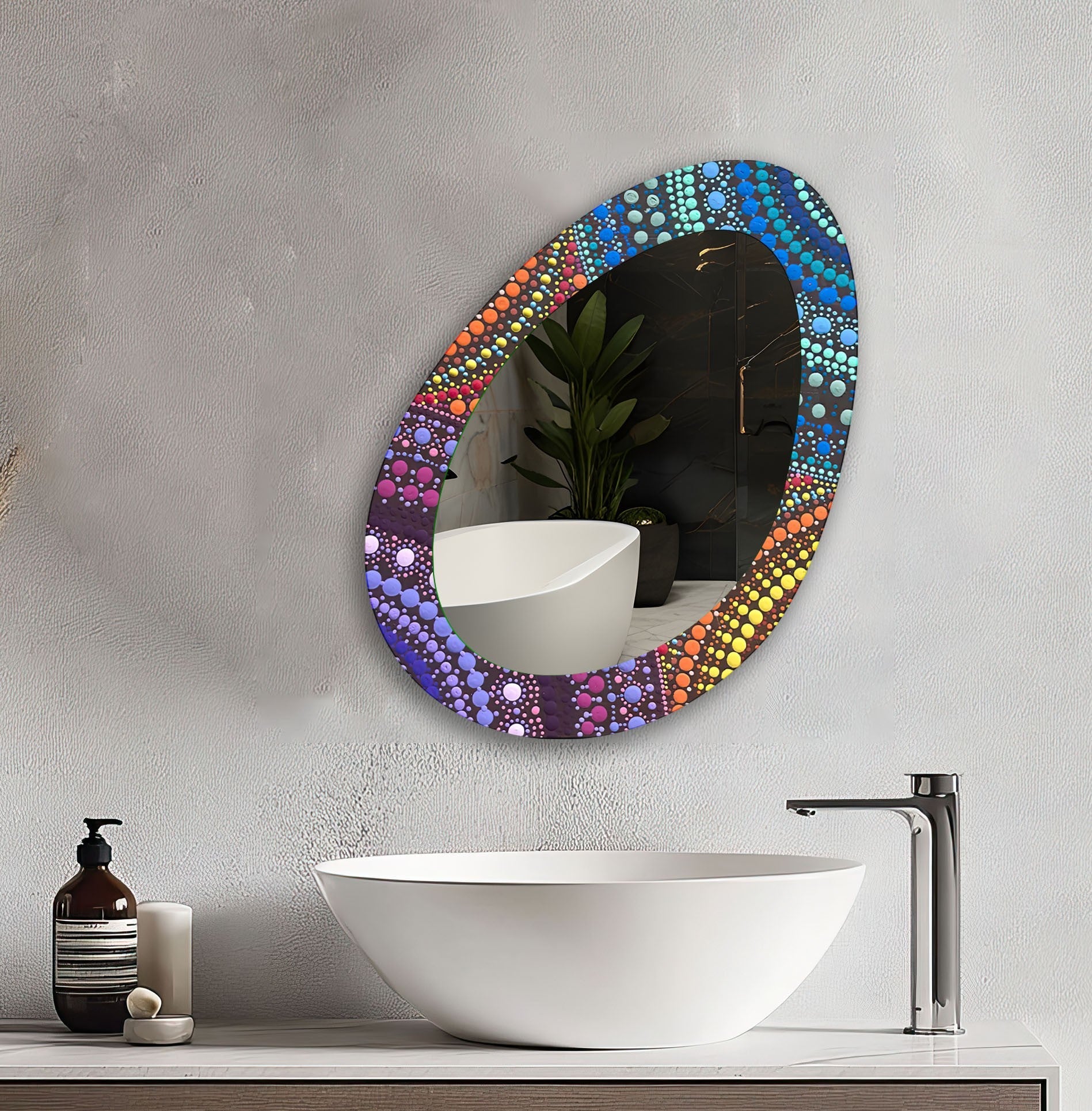Colorful Mosaic Asymmetrical Wall Mirror - Handmade Decorative Mirror for Living Room, Bedroom & Entryway - Unique Home Decor Accent Piece