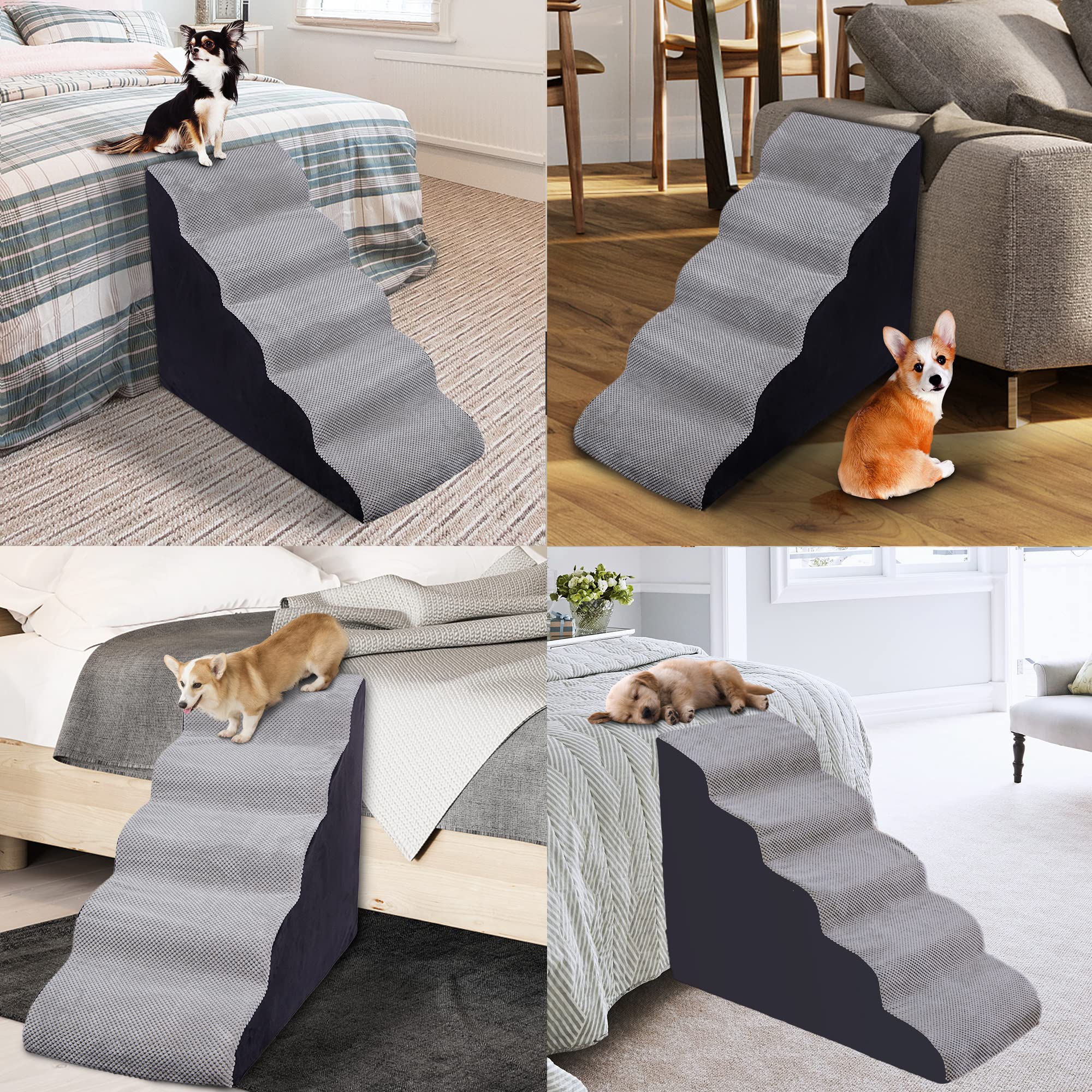 24 Inch High 5-Step Dog Stairs for Beds 24-28 Inches - Non-Slip Pet Steps for Small & Large Dogs - Light Grey - Perfect for High Beds, Couches & Furniture Access