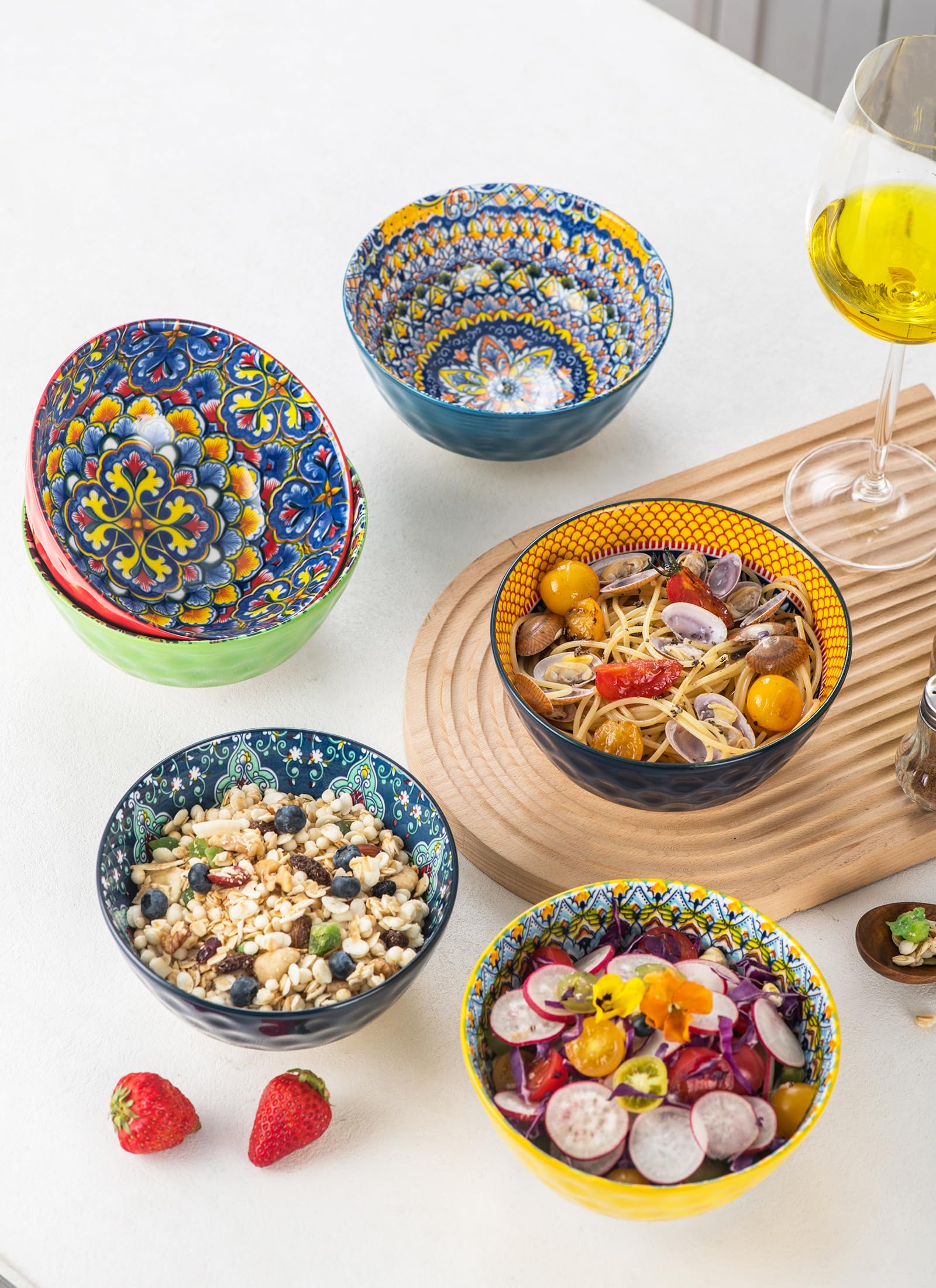 HENXFEN 6-Piece Ceramic Bowl Set - 25 Oz Porcelain Soup, Cereal, Pasta & Salad Bowls - Microwave & Dishwasher Safe - Bohemian Style Dinnerware for Home, Restaurant & Party Serving