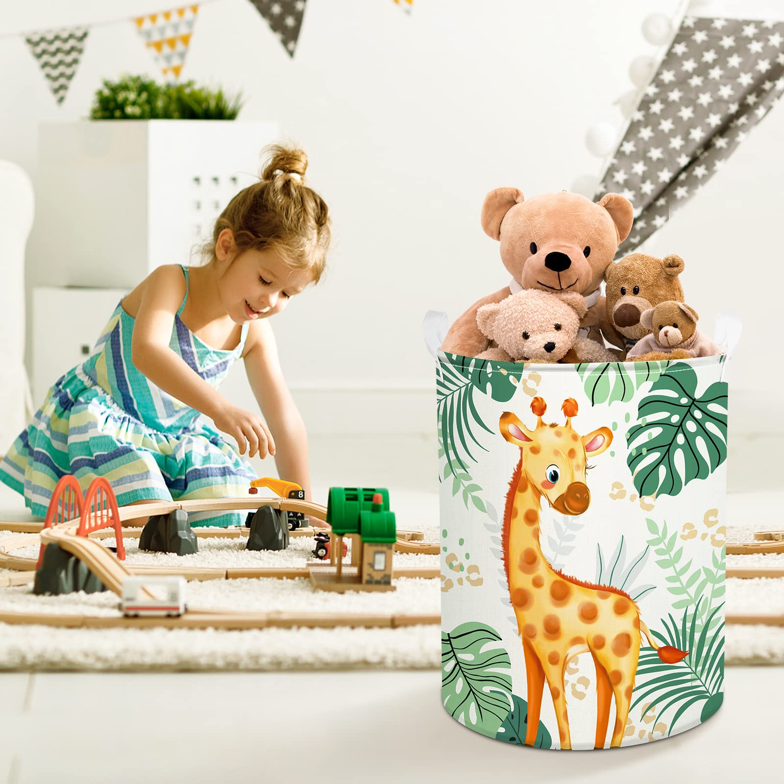Clastyle Tropical Leaves & Woodland Animal Laundry Basket - Cute Giraffe & Bird Decor, Baby Clothes Hamper, Round Toy Storage Basket for Nursery, Kids Room - Perfect for Baby Shower Gifts & Toddler Organization
