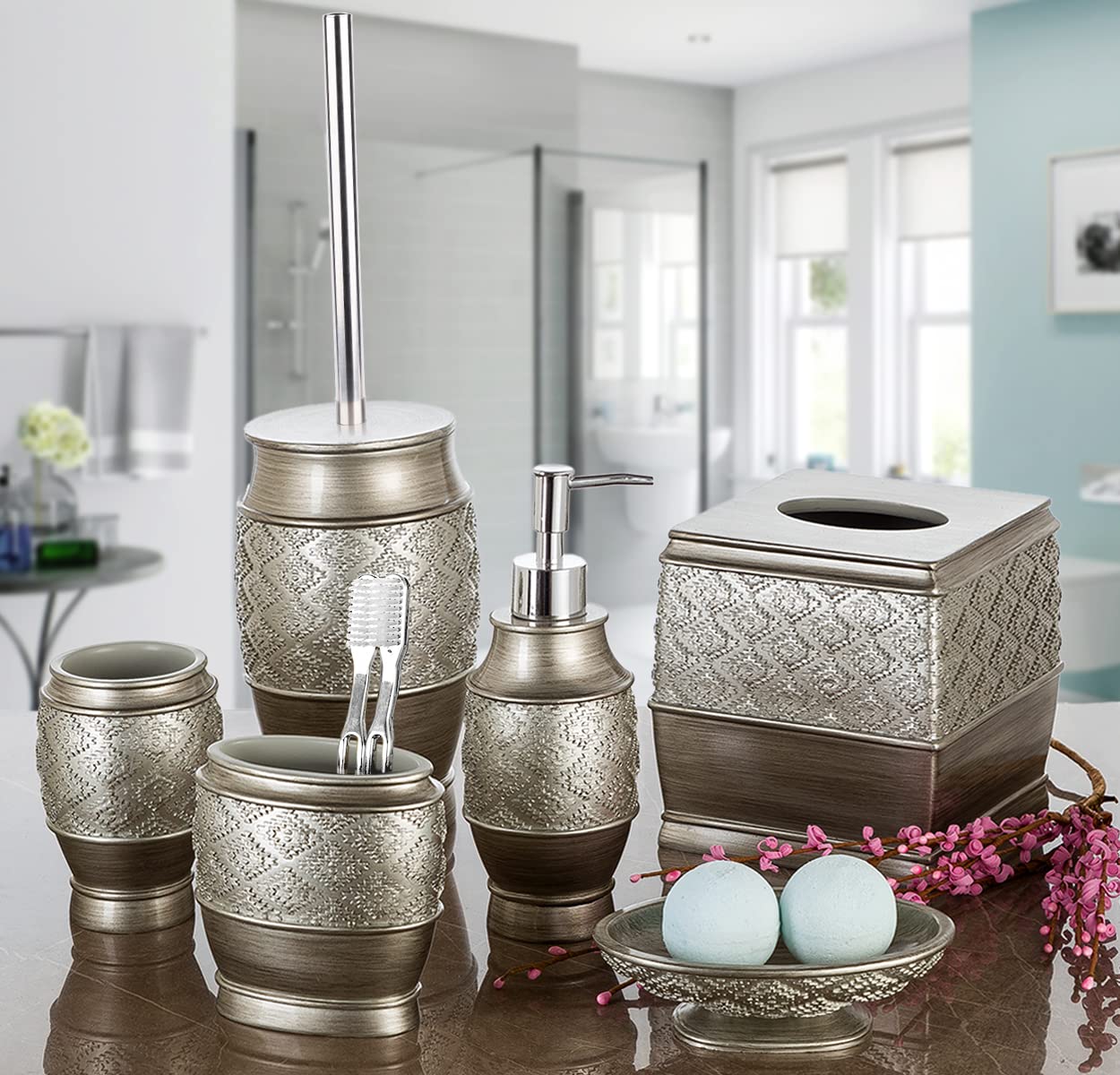 Dublin Silver Toilet Brush Set with Holder - Decorative Bathroom Cleaning Tool - Space Saving Toilet Bowl Scrubber for Modern Homes | Ideal for Small Bathrooms & Guest Powder Rooms