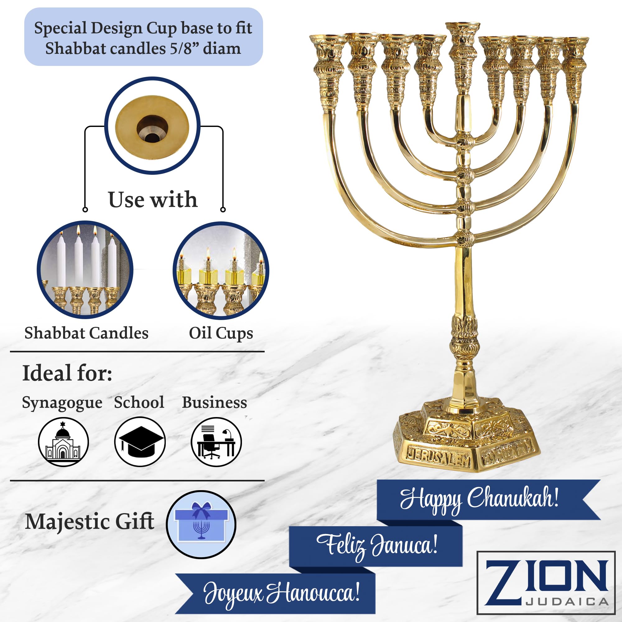 21'' Solid Brass Hanukkah Menorah - Temple Style Chanukiah for Shabbat Candles & Oil Cups | Elegant Judaica Candelabra for Synagogue, Home & Business Decor | Perfect for Hanukkah Celebrations & Jewish Holiday Displays
