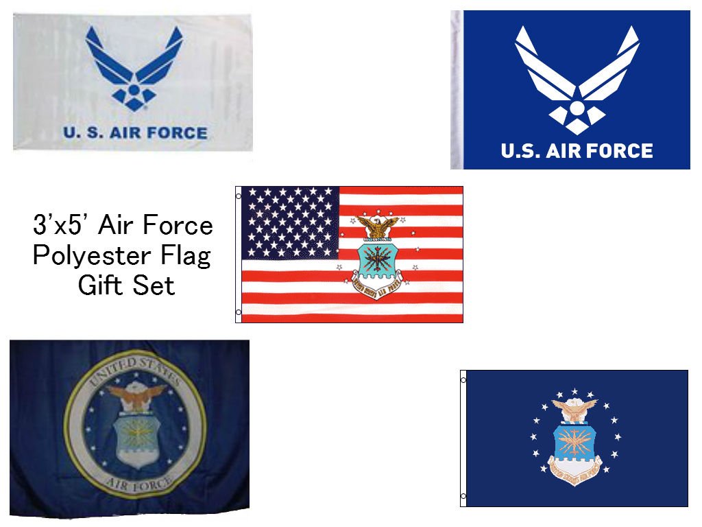 RFCO Wholesale Lot of 5 Military Emblems - Air Force Coat of Arms, Wings in White & Blue, 3'x5' USA Flag Set - Perfect for Veterans Gifts, Patriotic Decor & Military Collectors