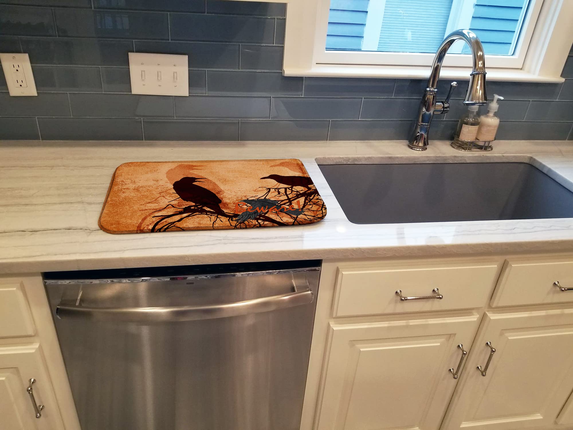 Beware of Black Crows Halloween Dish Drying Mat - Absorbent Kitchen Counter Pad (14x21