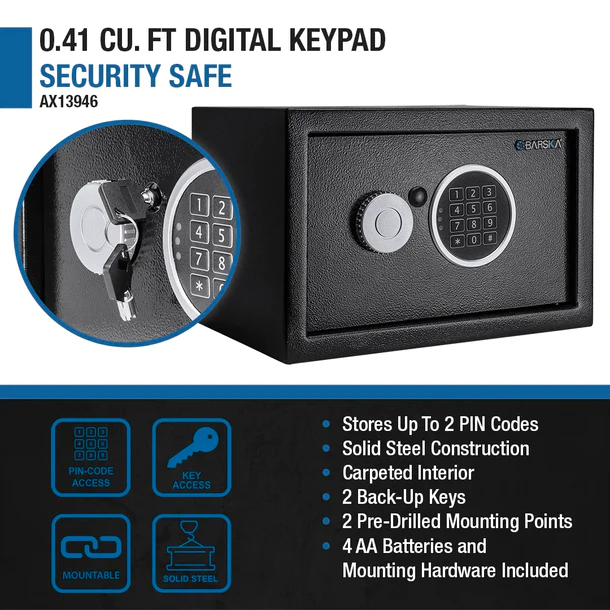 Barska AX13946 Digital Keypad Security Safe Box - Fireproof & Waterproof for Home, Office, Jewelry, Cash, and Documents Protection