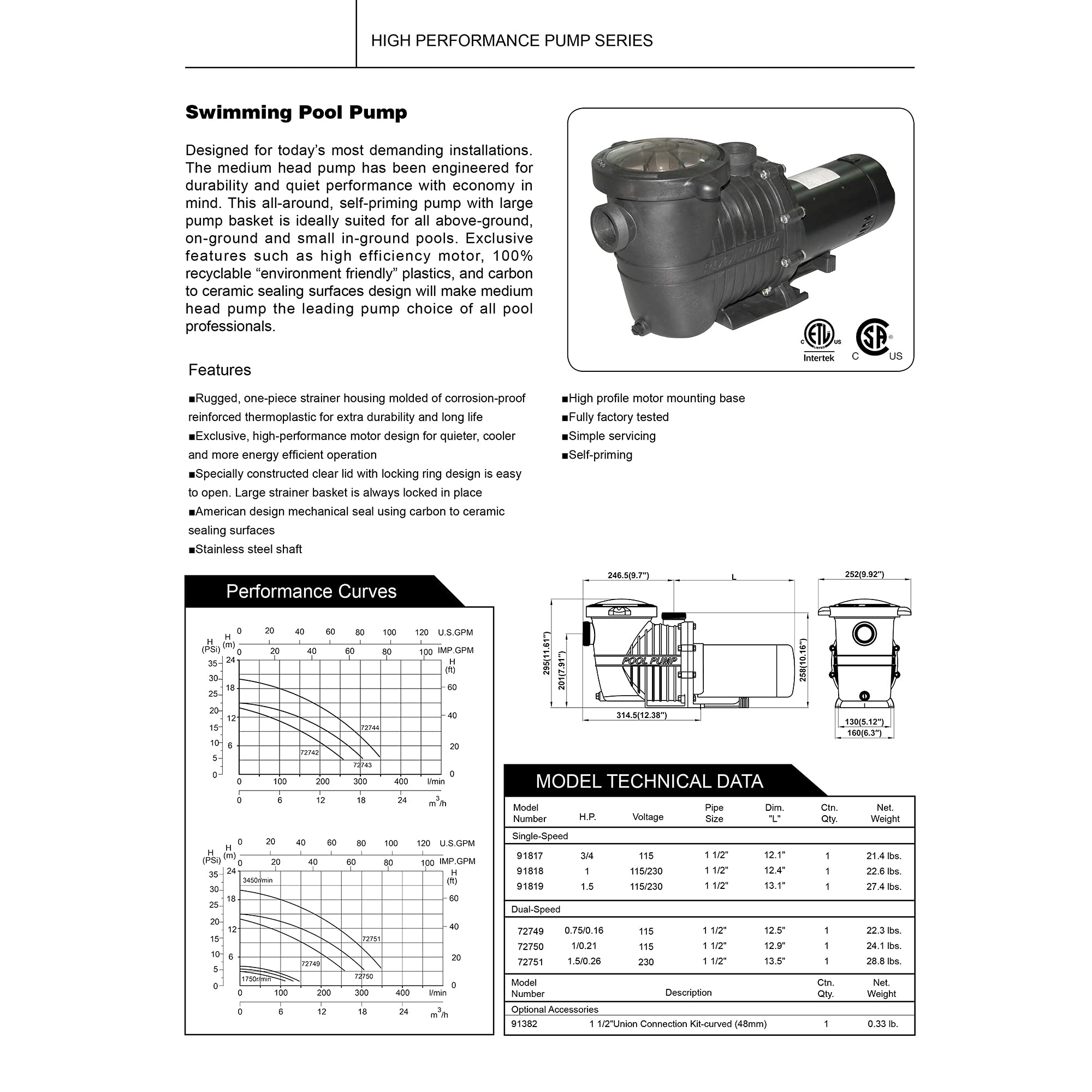 0.75 HP High Performance Self-Priming In-Ground Swimming Pool Pump - Energy Efficient Water Circulation for Backyard Pools, Spas & Fountains