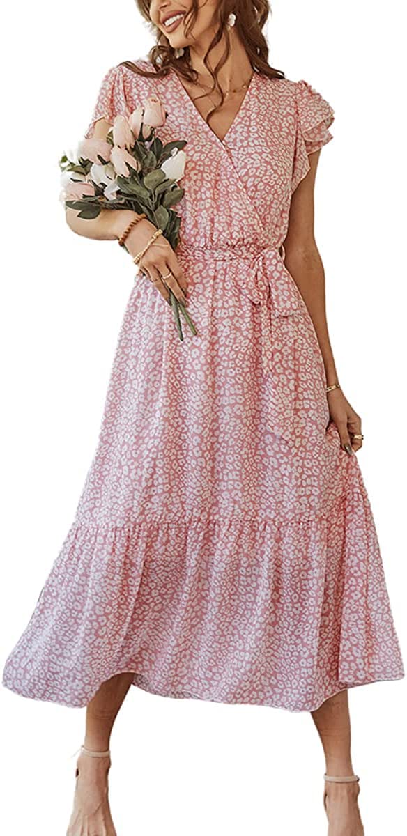 Women's Floral Boho Dress - Short Sleeve Button Down V-Neck Midi Dress with Front Tie | Summer Casual Shirt Dress for Beach, Vacation & Outdoor Activities