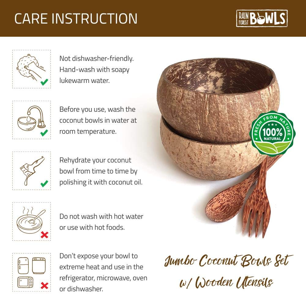 2 Eco-Friendly Raw Coconut Bowls (Jumbo Size) with 2 Coconut Wood Forks - 100% Natural Organic Kitchen Set - Handmade from Reclaimed Coconut Shells - Perfect for Smoothie Bowls, Acai Bowls, Salads & Vegan Meals
