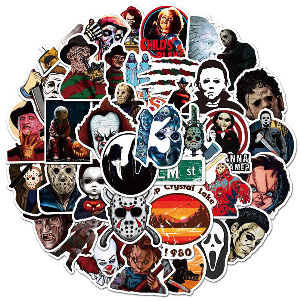 50pcs Scary Movie Stickers - Horror Film Decals for Halloween, Jason X, Mike Myers - Waterproof Vinyl Stickers for Laptops, Water Bottles & DIY Crafts