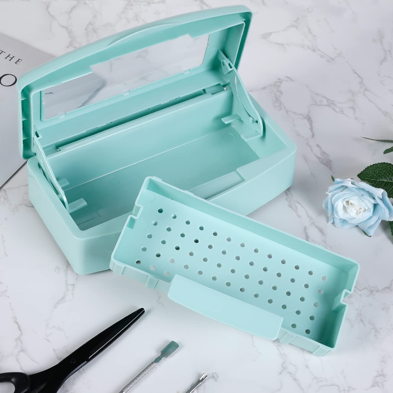 Gusnilo Barbicide Disinfectant Box - Nail Art Tools Sanitizing Tray & Sterilizer Container for Manicure Tools | Plastic Storage Organizer for Salon & Home Use (Light Green)