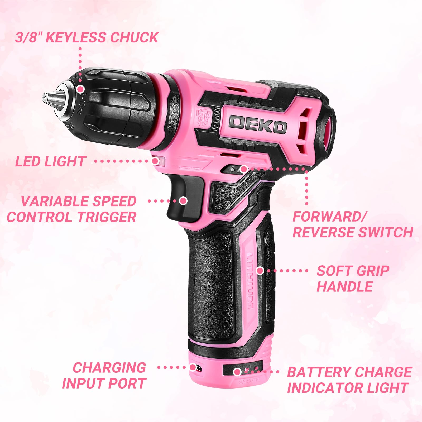 DEKO PRO 12V Cordless Drill Set with Battery & Charger - Lightweight Electric Screwdriver for Home DIY, Woodworking & Metal Projects (Pink)
