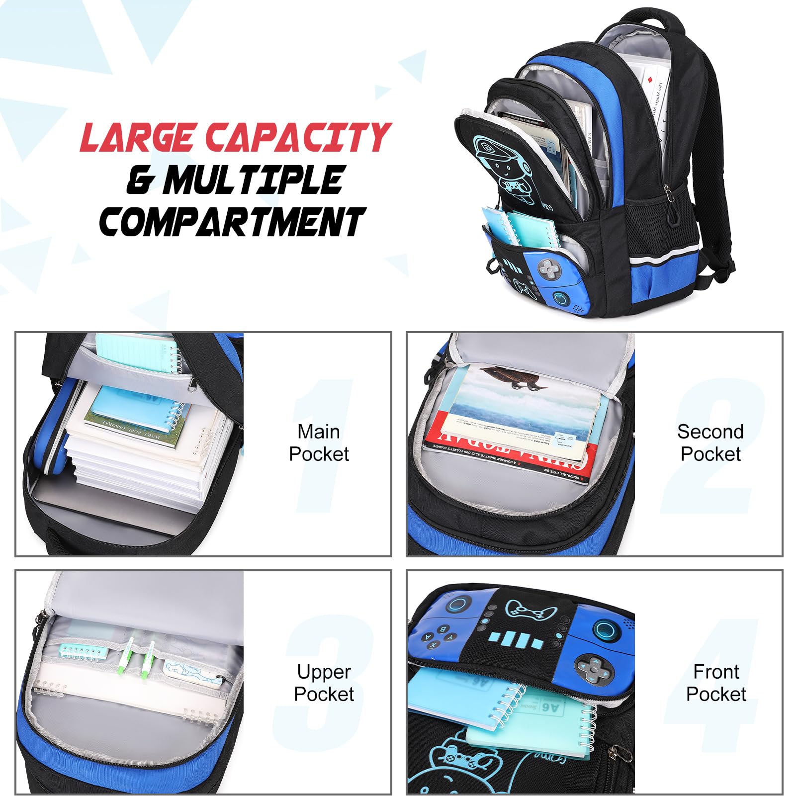 Bevalsa Luminous Gamer Backpack for Boys - Waterproof School Backpack with Lunch Box & Pencil Pouch Set - Perfect for School, Gaming, Travel & Outdoor Activities