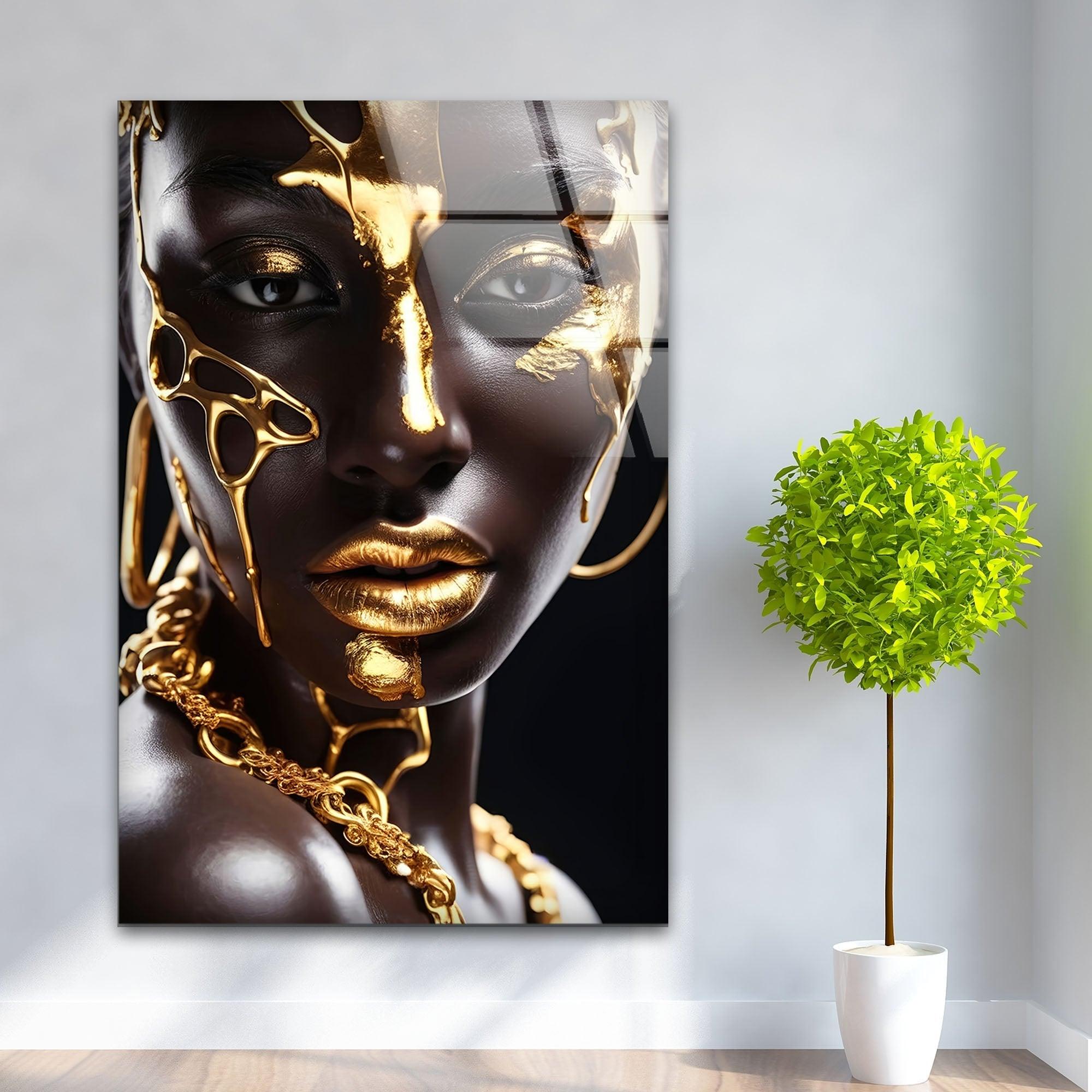African Gold Woman Glass Wall Art - Handmade African Decor for Living Room, Bedroom & Office - Elegant Home Decor Gift for Women