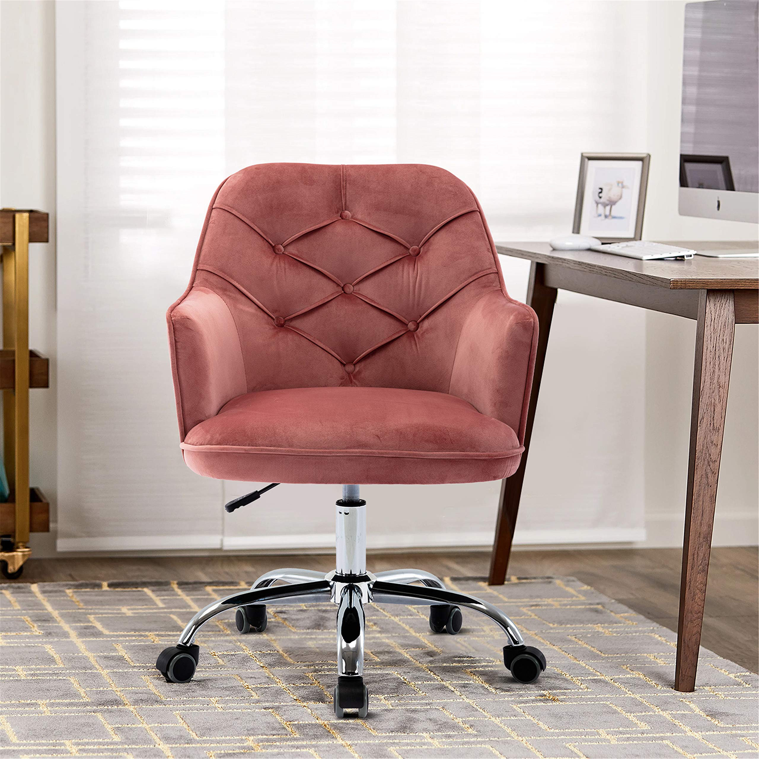 Velvet Accent Chair - Upholstered Swivel Task Chair with Adjustable Height & Wheels, Tufted Leisure Armchair for Home Office, Bedroom, Vanity Dressing Table | Comfortable Seating for Work, Study & Makeup