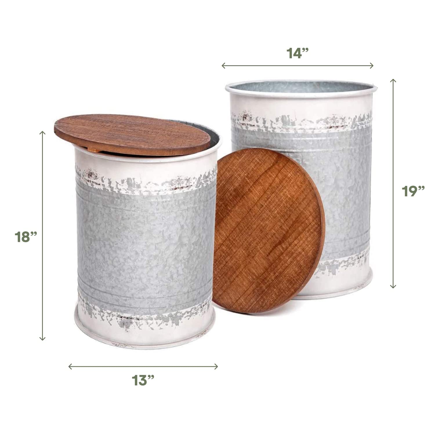 Hallops Farmhouse Accent Side Table - Rustic Metal Coffee Table with Wooden Top | Storage Ottoman Bench for Living Room, Bedroom & Porch | Set of 2 Distressed White Farmhouse Decor Furniture