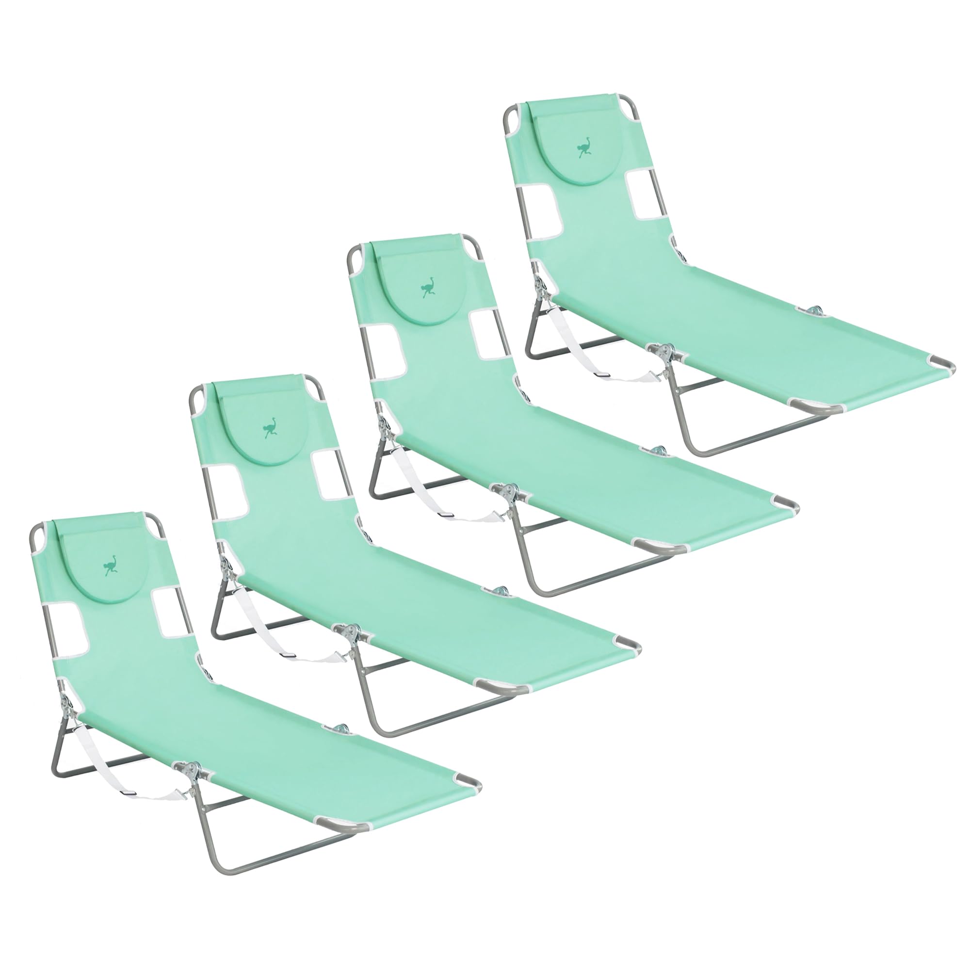 Premium 4-Position Reclining Ostrich Chaise Lounge - Portable Folding Outdoor Chair for Beach, Patio, Camping & Poolside Relaxation with Carrying Strap (Set of 4, Teal Blue) - Perfect for Sunbathing, Backyard Lounging & Vacation Getaways