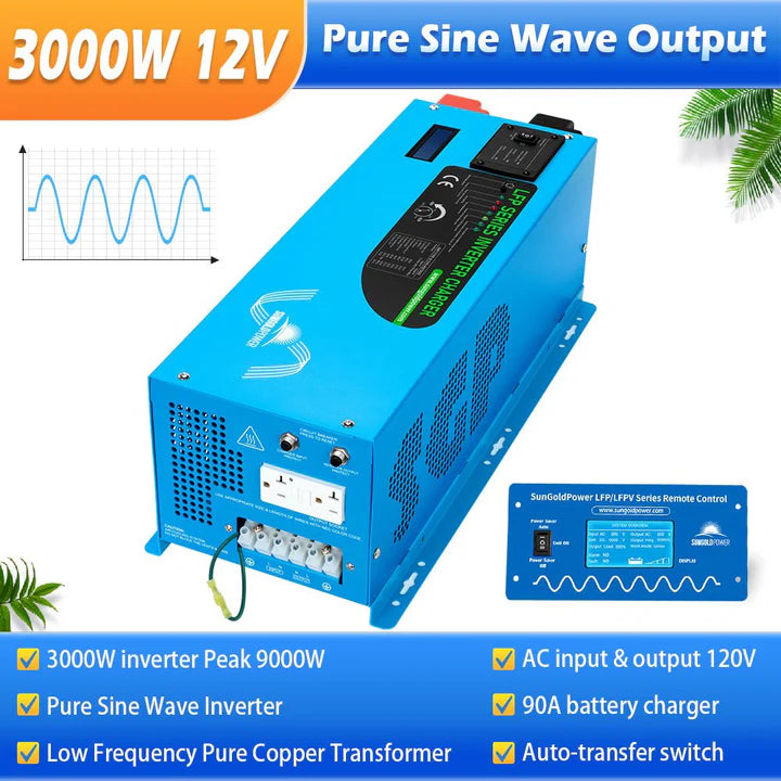 3000W 12V DC to AC Pure Sine Wave Power Inverter with Built-in Charger - Perfect for RVs, Boats, Off-Grid Solar Systems & Emergency Backup Power