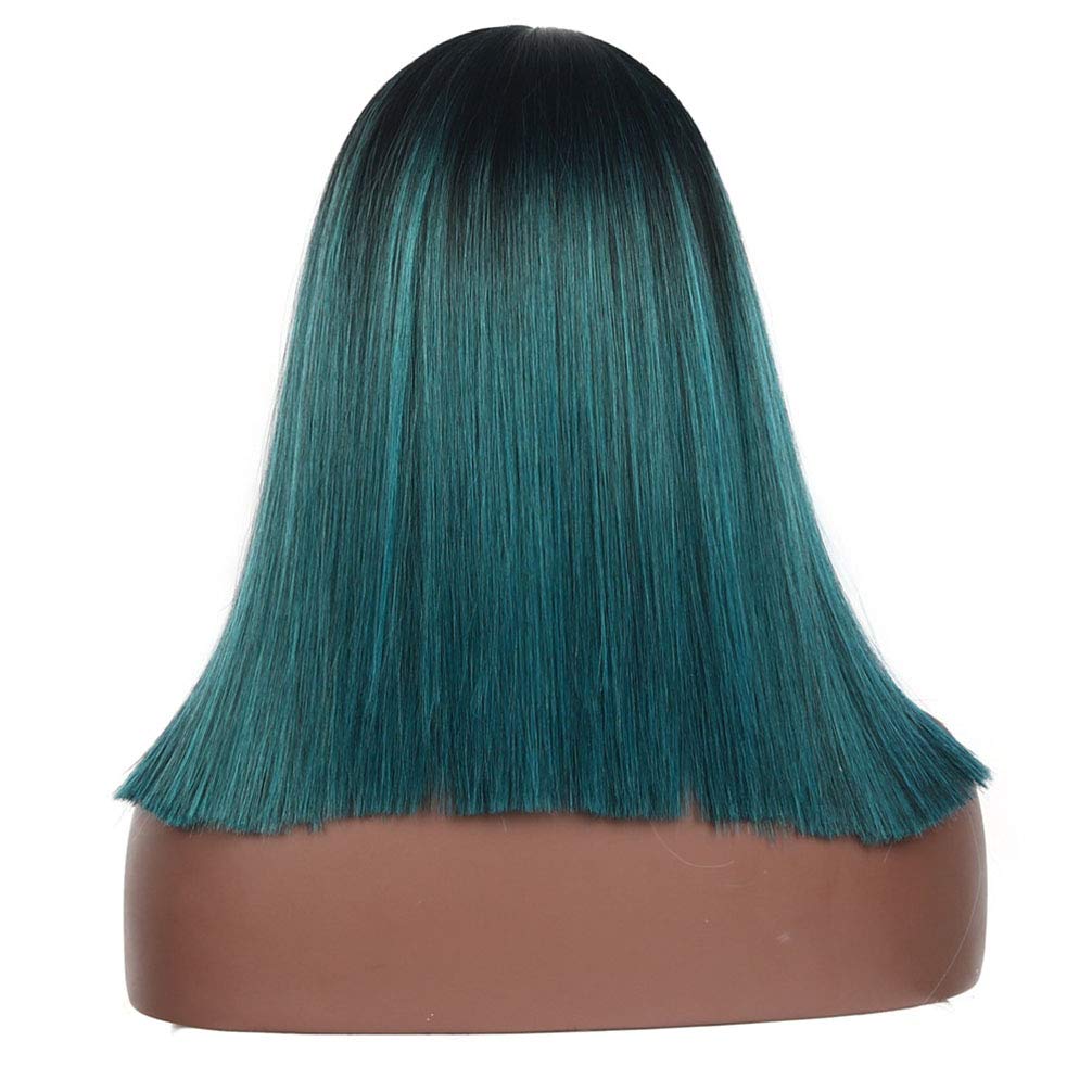Chisu Synthetic Wigs for Women - Glueless Ombre Short Bob Wig, Straight Middle Part 14 Inch, 1B/Blue-Green Color - Perfect for Cosplay, Daily Wear & Costume Parties