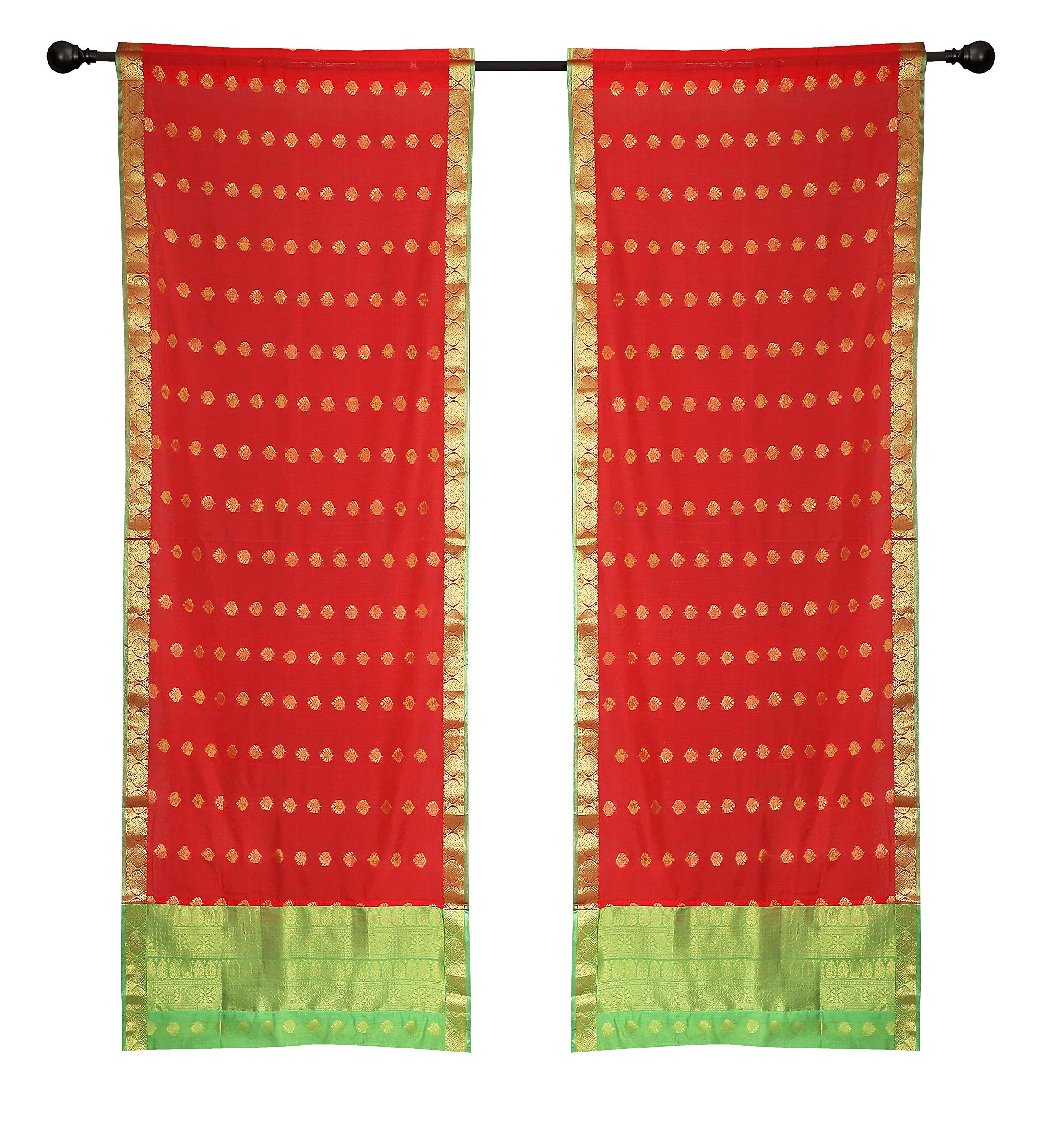2 Red Bohemian Indian Sari Curtains with Rod Pocket - 60W x 120L - Elegant Window Drapes for Living Room, Bedroom & Home Decor