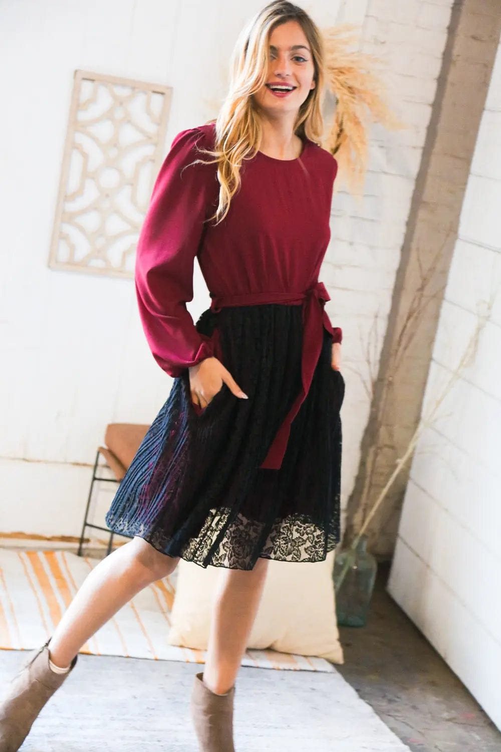 Elegant Maroon & Black Lace Overlay Sash Tie Dress for Women - Perfect for Cocktail Parties, Weddings & Special Occasions