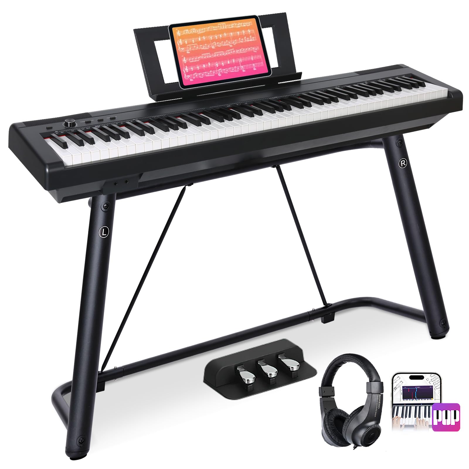AODSK 88 Key Weighted Digital Piano with Portable U Stand, 3-Pedal Unit & 2x15W Speakers - Full Size Keyboard for Beginners & Professionals - Perfect for Home Practice, Studio Recording & Piano Lessons (Black)
