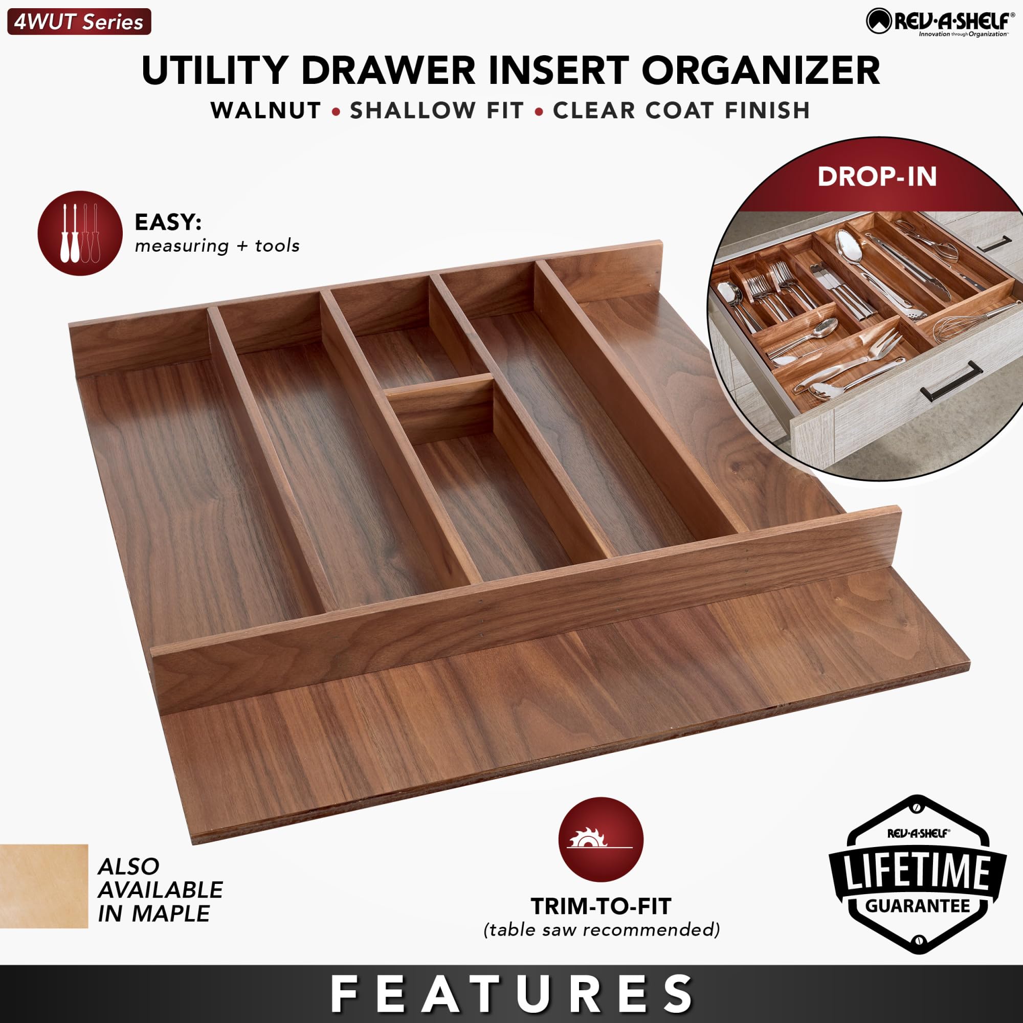 REV-A-SHELF Walnut Trim-to-Fit Shallow Utensil Drawer Organizer - Kitchen Drawer Insert for Knives, Spoons & Cooking Tools - Perfect for Home Kitchen Organization & Storage
