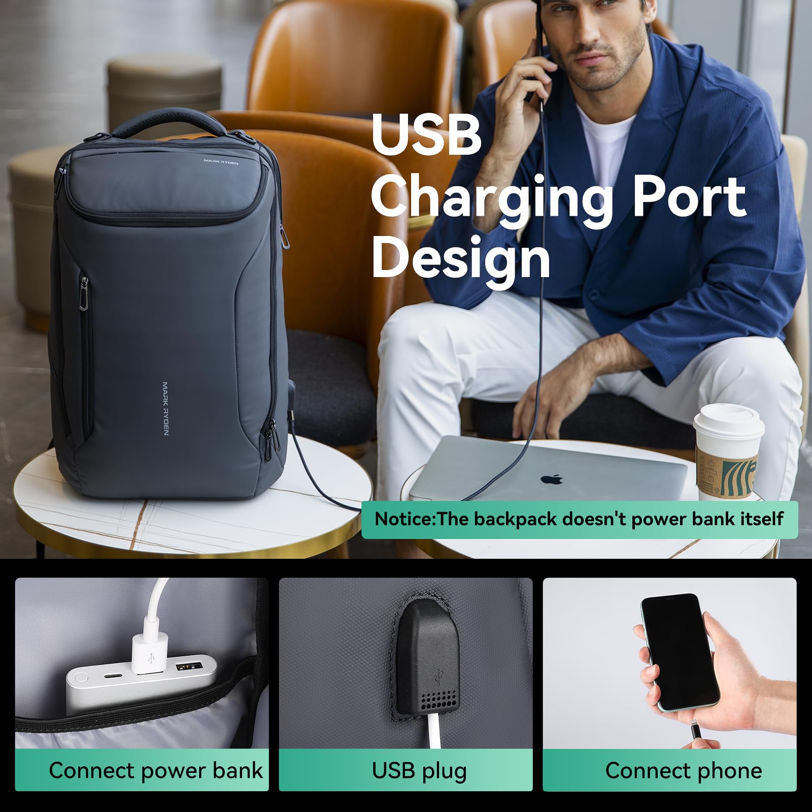 MARK RYDEN Men's Waterproof Business Backpack with USB Charging Port - Stylish Sport Car Design Laptop Backpack for Work & Travel - Fits 17.3 Inch Notebook - Perfect for Office, Commuting & Business Trips