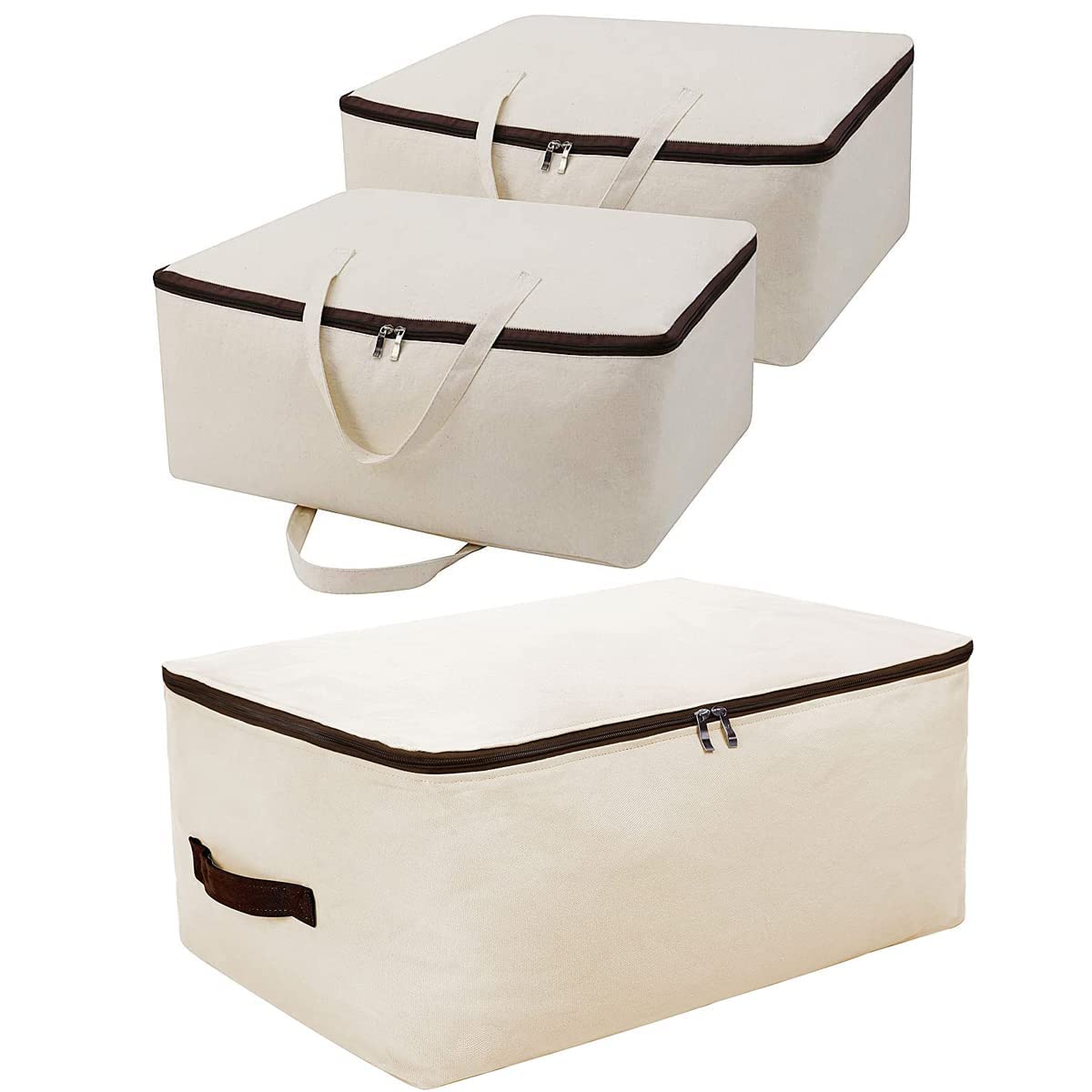 Beige Canvas Storage Bags Set - 3-Piece Breathable Fabric Organizer for Closet, Shelves & Travel (1 XL + 2 Large Bags) - Perfect for Clothes, Blankets & Seasonal Storage