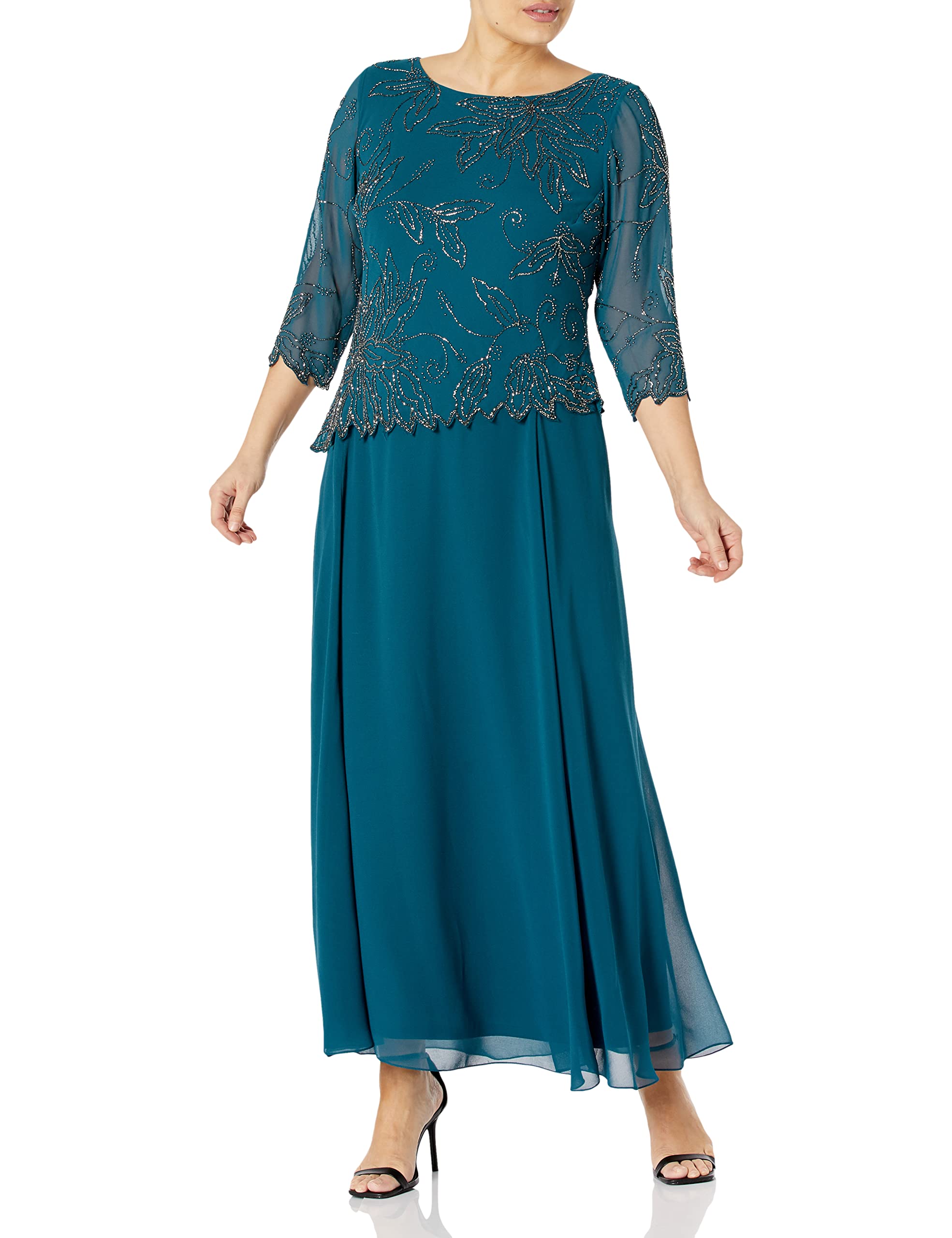 J Kara Women's Plus Size 3/4 Sleeve Long Beaded Floral Design Dress for Party, Wedding & Special Occasions | Elegant Plus Size Evening Gown with Embellishments
