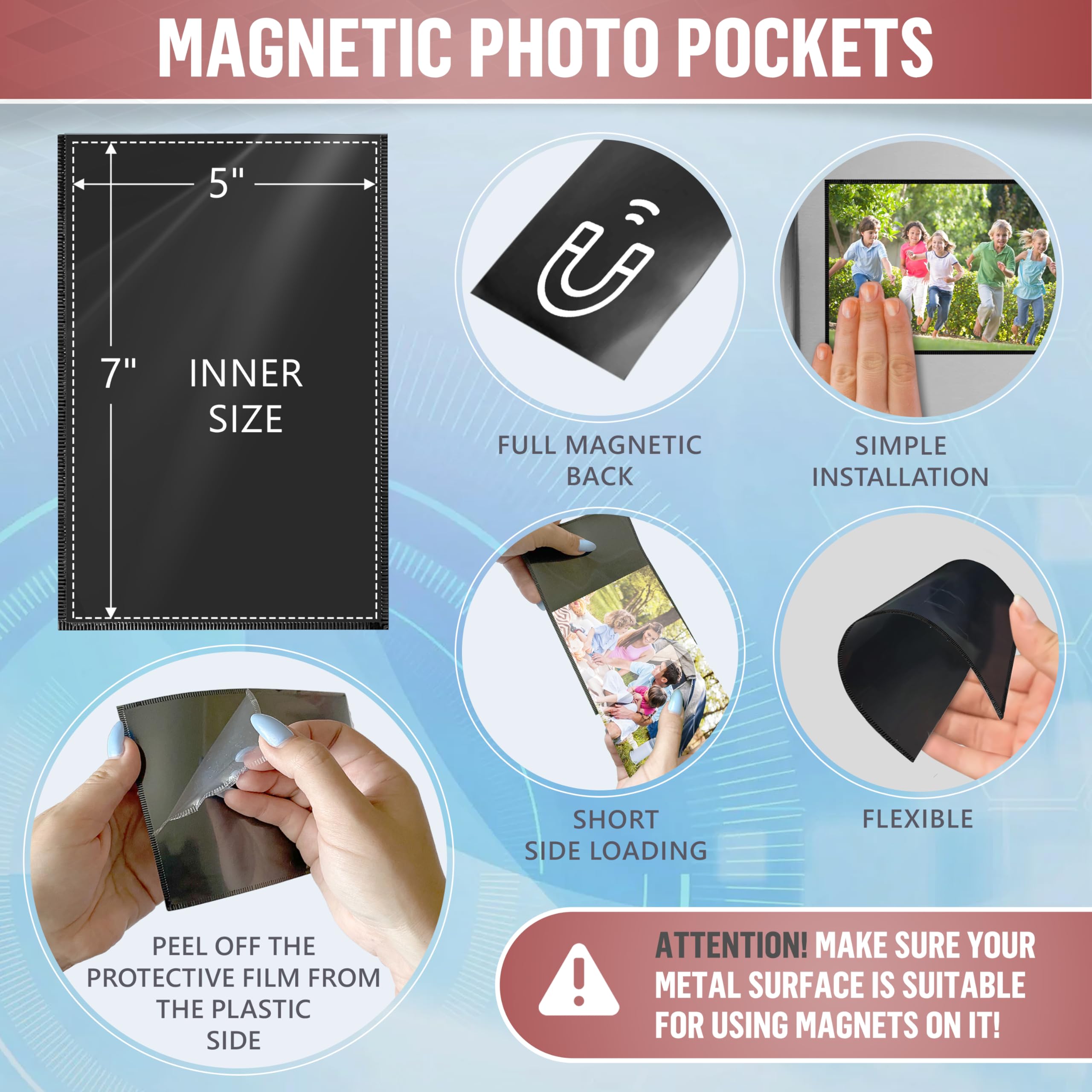 JUZARI 10 Pack 5x7 Magnetic Photo Frames for Refrigerator - Strong Hold Fridge Picture Frames - Waterproof Magnetic Photo Sleeves - Durable Magnetic Photo Pockets - Versatile Magnetic Picture Holders - Perfect for Lockers, Offices & Home Decor