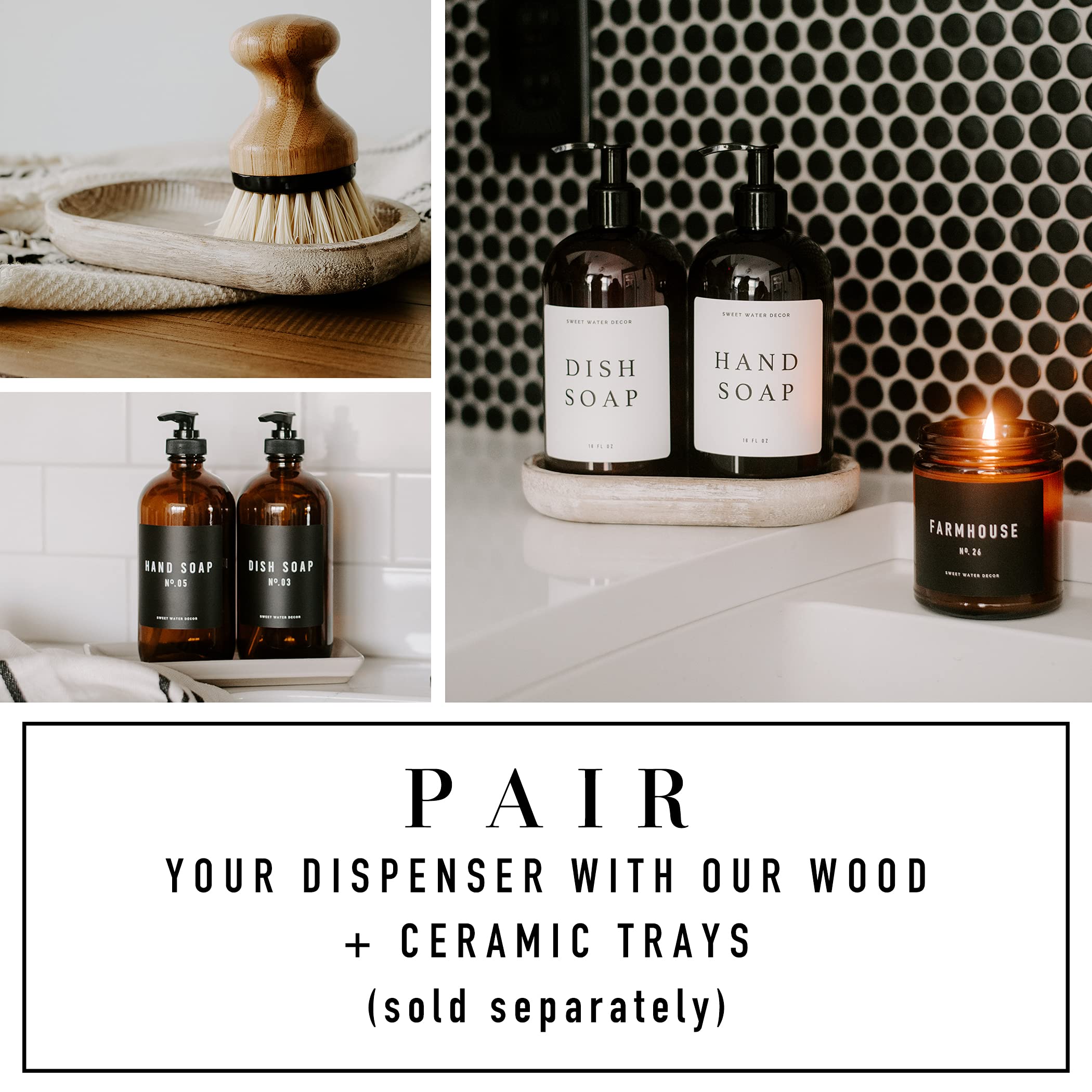 Sweet Water Decor 16 oz Clear Plastic Refillable Body Wash Dispenser with Pump - Rustic Modern Farmhouse Style - Waterproof White Label with Black Text - Perfect for Bathroom, Kitchen, or Gift Giving