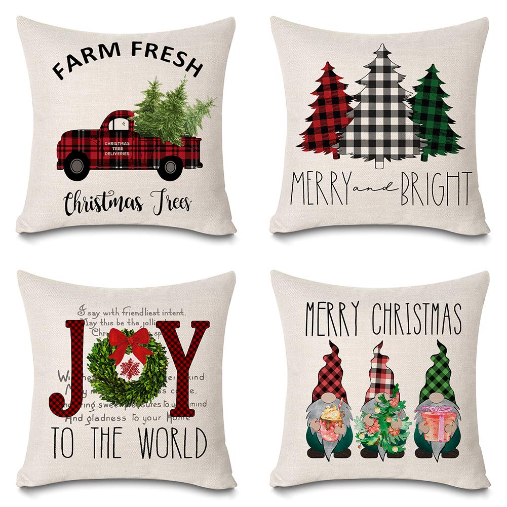 Christmas Pillow Covers 18x18 Inch Set of 4 - Buffalo Check Plaid Holiday Decor with Truck, Gnome & Tree Designs - Farmhouse Couch Cushion Covers for Sofa, Living Room, Bedroom - Perfect for Christmas Home Decor, Gift & Cozy Winter Season