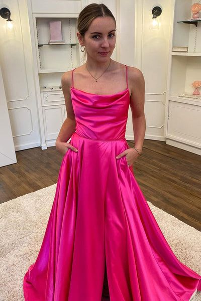 Elegant A-Line Spaghetti Straps Hot Pink Satin Long Prom Dress with High Slit - Perfect for Homecoming, Formal Dances & Evening Parties (Style 2298)