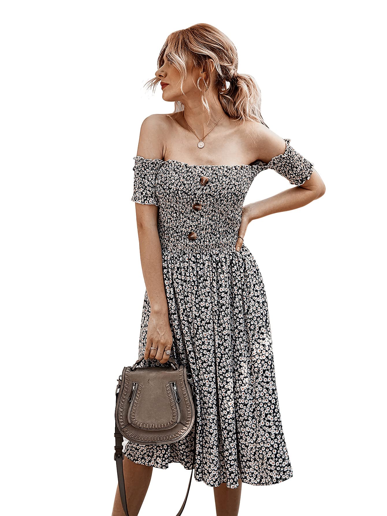 2023 Women's Summer Floral Off-Shoulder Mini Dress - High Waist Ruffled Short Sleeve Sundress for Beach, Vacation & Date Night