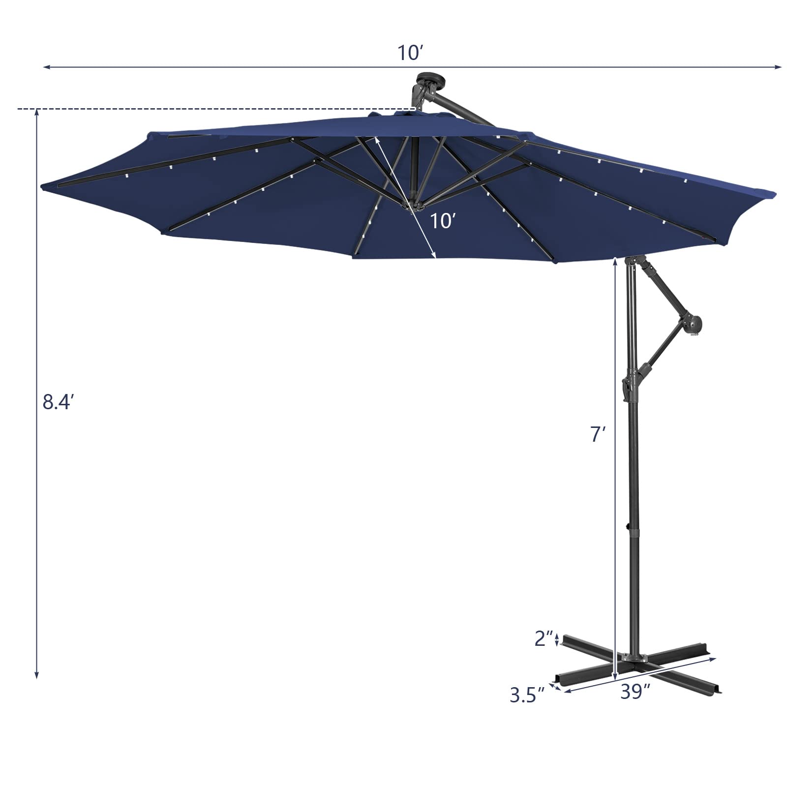 Giantex 10 Ft Solar Powered LED Patio Umbrella with 8 Ribs & Tilting Adjustment - Heavy Duty Cantilever Outdoor Umbrella for Pool, Garden, Deck, and Backyard Relaxation