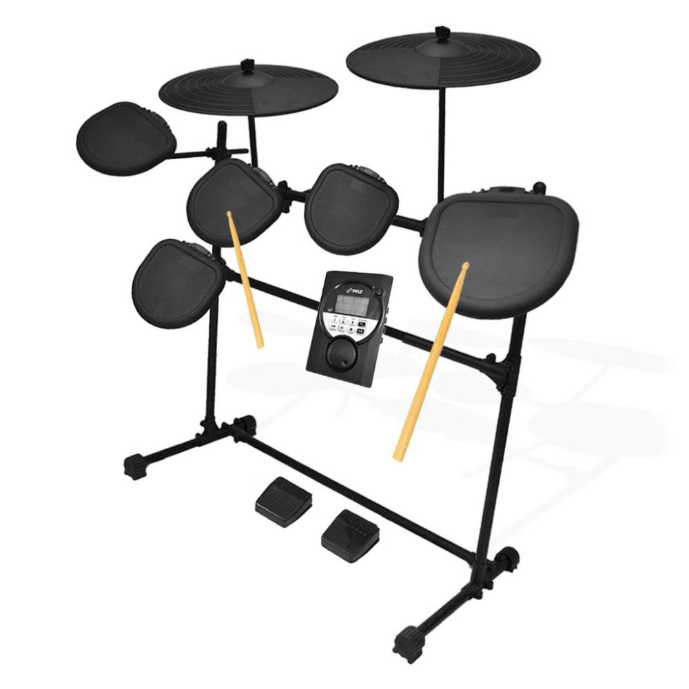 PED021M Pyle 9-Piece Electronic Drum Set with 5 Drum Pads, 2 Cymbal Pads, Hi-Hat, Bass Pedal, Sound Module & Stand - Professional/Beginner Electronic Drums for Home Practice, Studio Recording & Live Performance