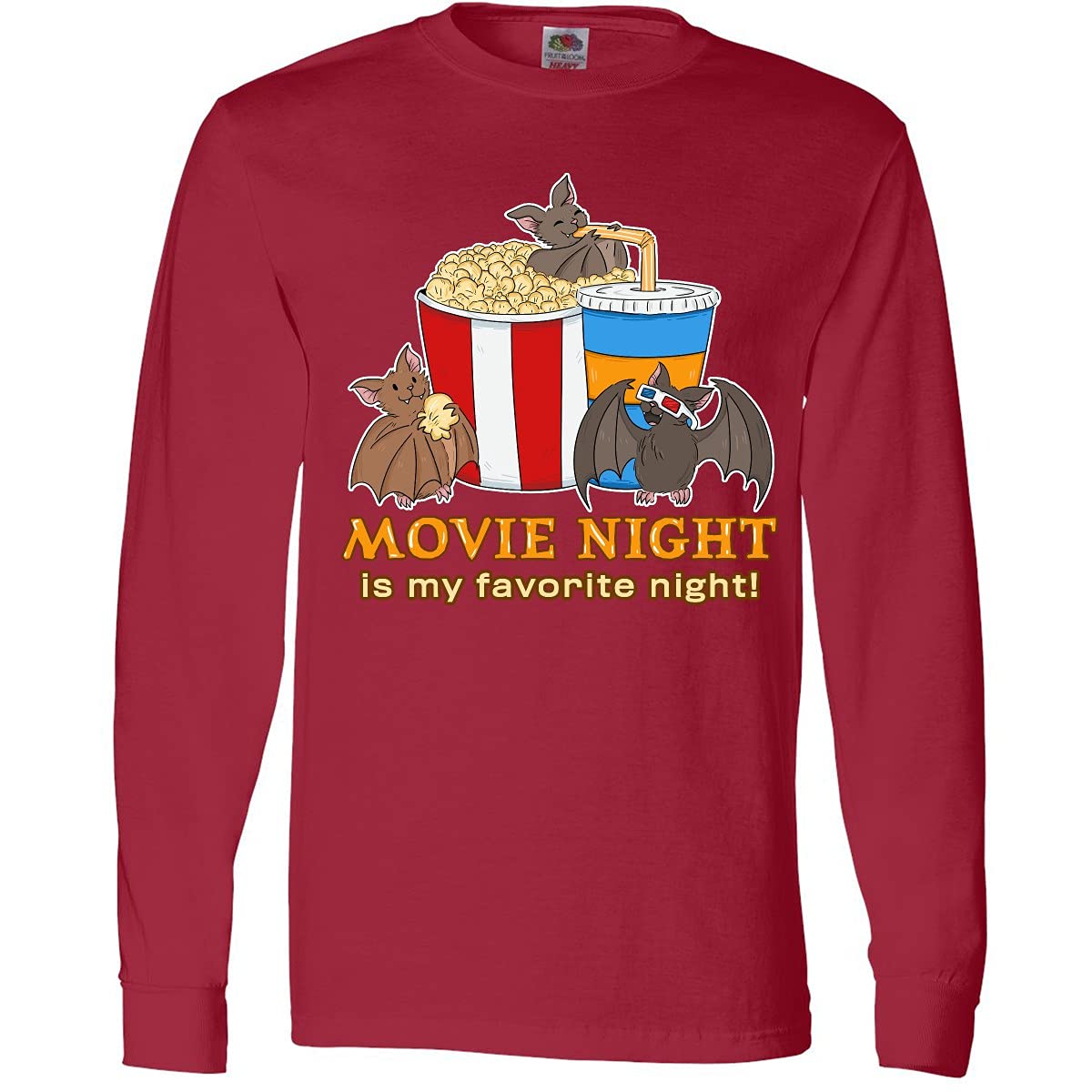 Movie Night is My Favorite Night Bats with Popcorn Long Sleeve T-Shirt - Fun & Comfortable Graphic Tee for Film Lovers, Halloween Costume or Casual Wear