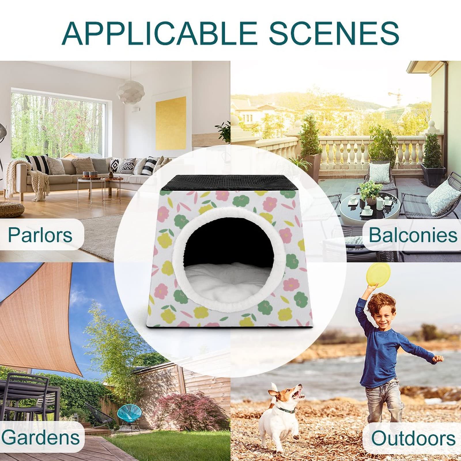 3-in-1 Foldable Cat House with Removable Cushion - Convertible Cat Bed, Sofa & Scratching Toy for Indoor Cats (Green Pink Floral Design) - Perfect for Small Spaces, Apartments & Cozy Pet Napping Areas